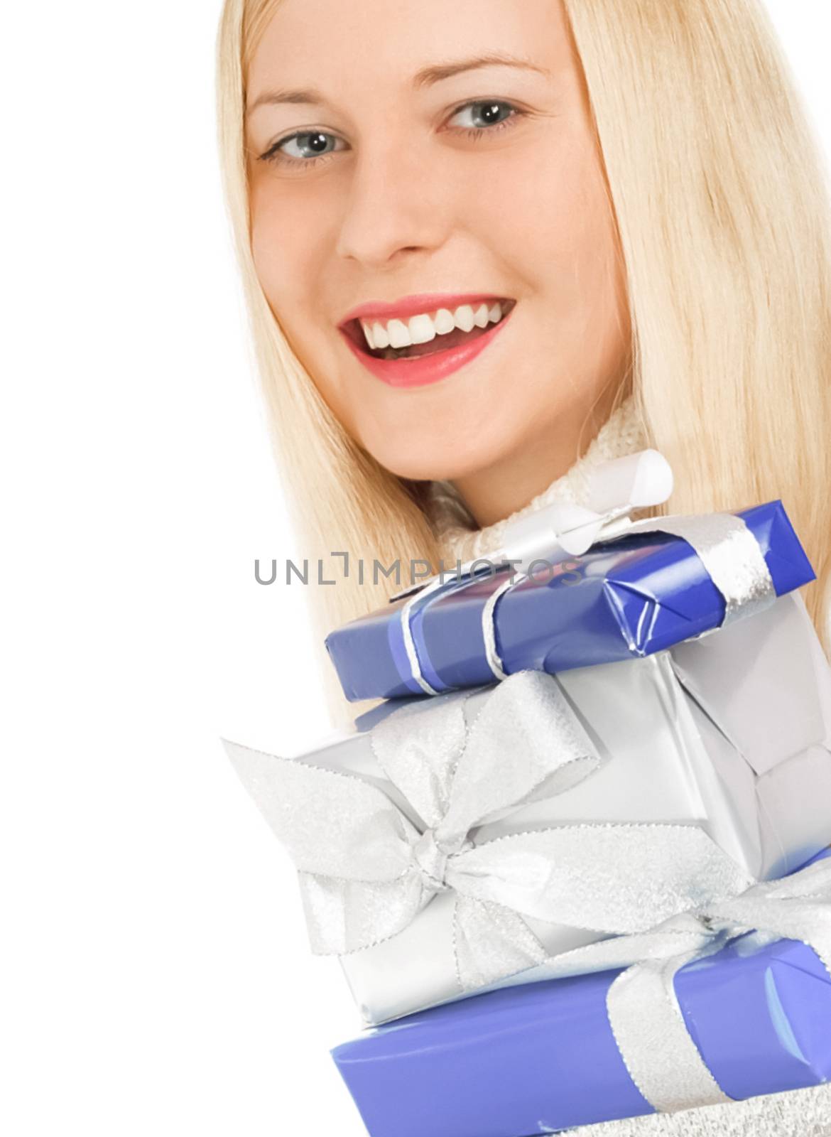 Happy blonde model with gift boxes in Christmas, woman and presents in winter season for shopping sale and holiday brands