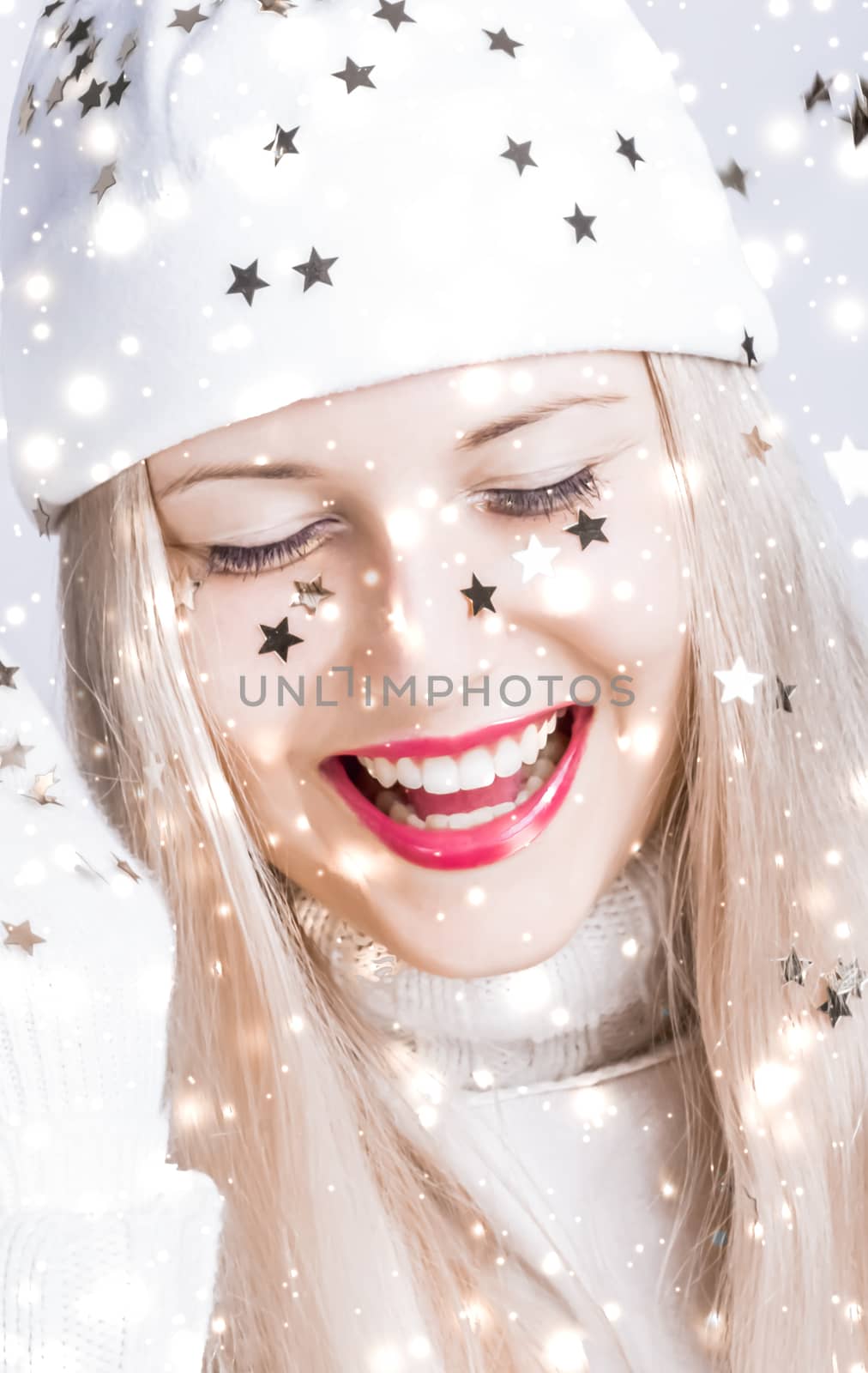 Magical Christmas and glitter snow background, blonde woman with positive emotion in winter season for shopping sale and holiday brand by Anneleven