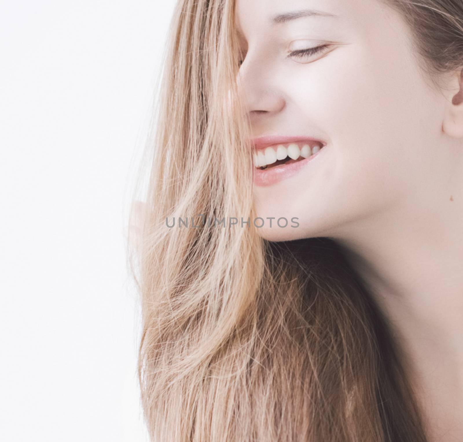 Feminine beauty, closeup face portrait of young woman with long hairstyle and natural makeup look for female hair care, cosmetic or skincare brand by Anneleven