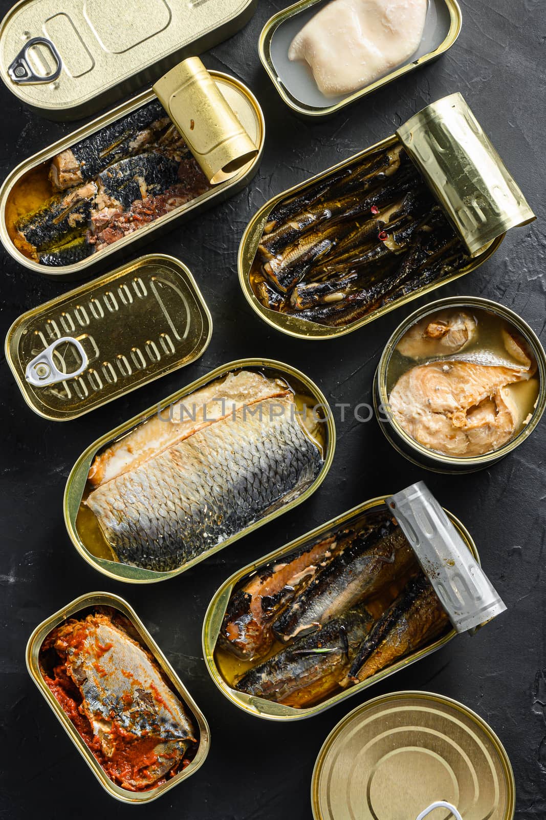 Saury, mackerel, sprats, sardines, pilchard, squid, tuna, Canned fish in tin cans. Open and closed over black slate background top view by Ilianesolenyi