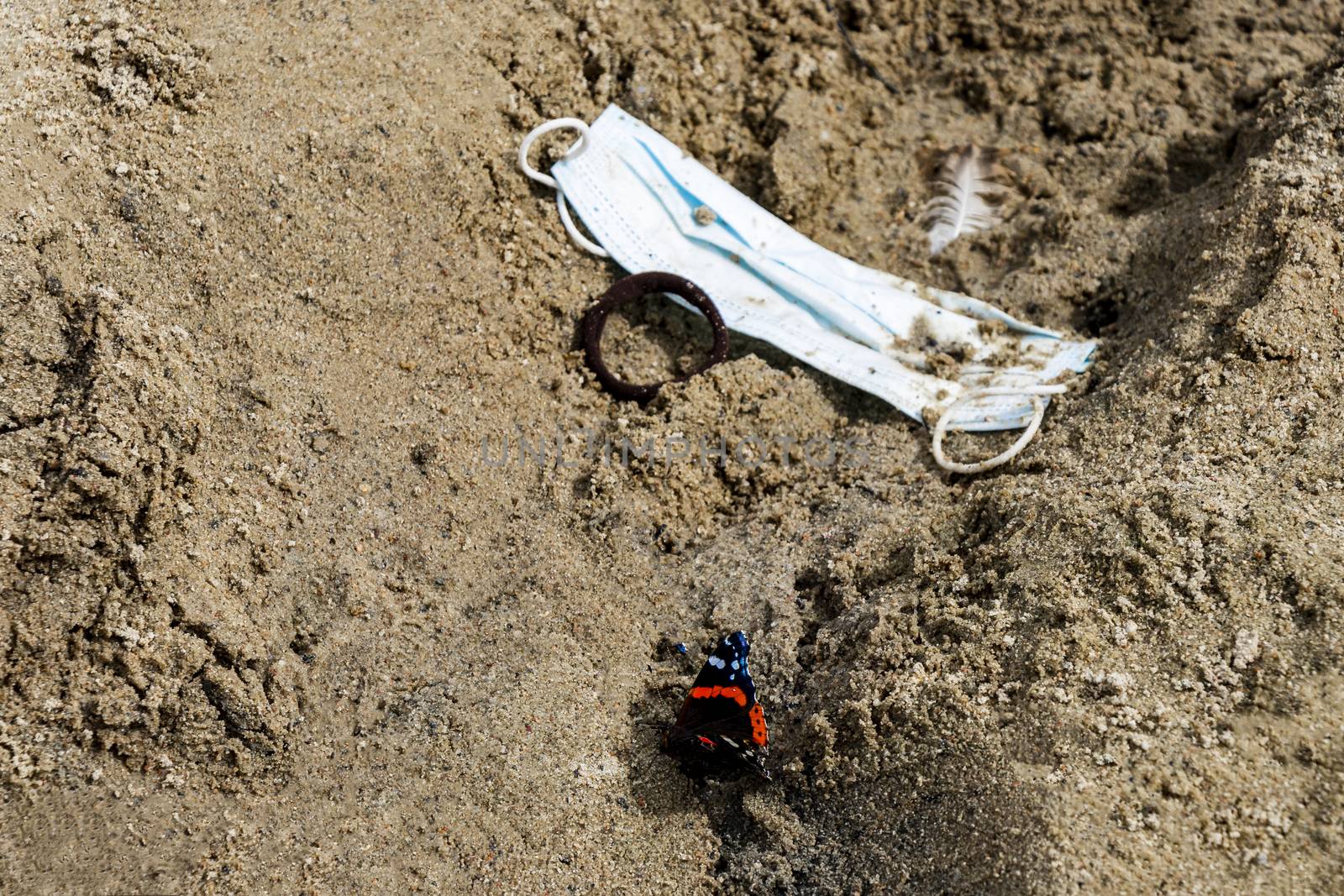Dirty trash surgical masks on beach sand with beautiful butterfly. Corona virus pollution.