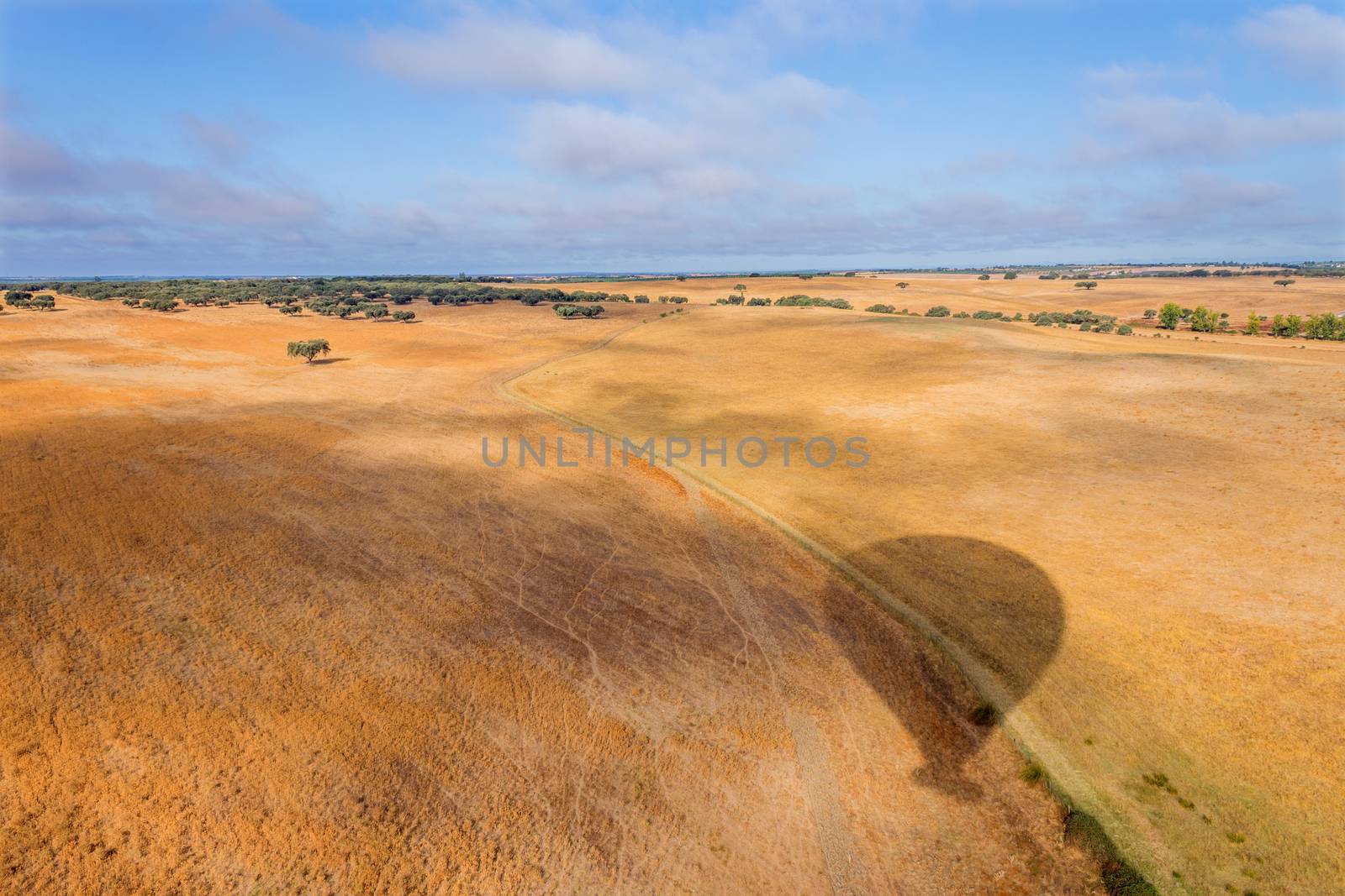 Hot air balloon view of the Alentejo region, above the fields. Portugal.