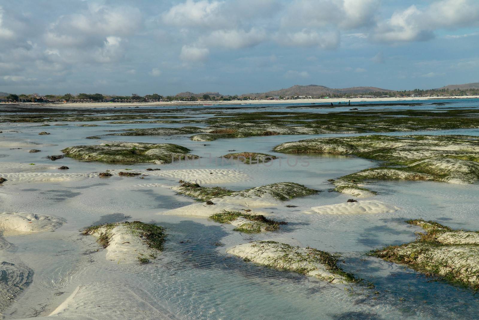 Sea during low tide creating puddles in Tanjung Aan, LOmbok, Indonesia. Small lakes between sandy islands.