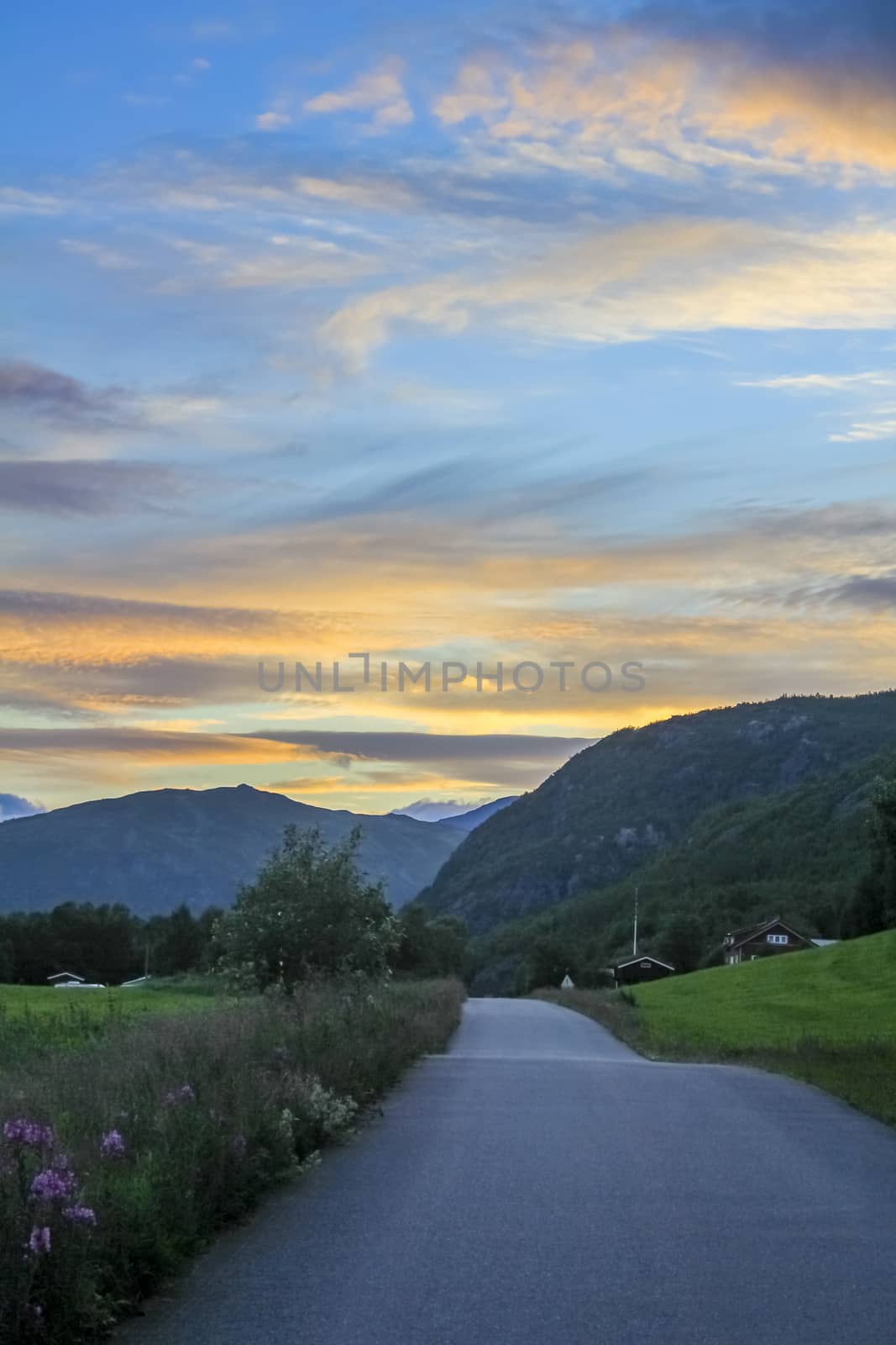 Spectacular sunset above mountains and valleys in beautiful Hemsedal, Viken, Norway.