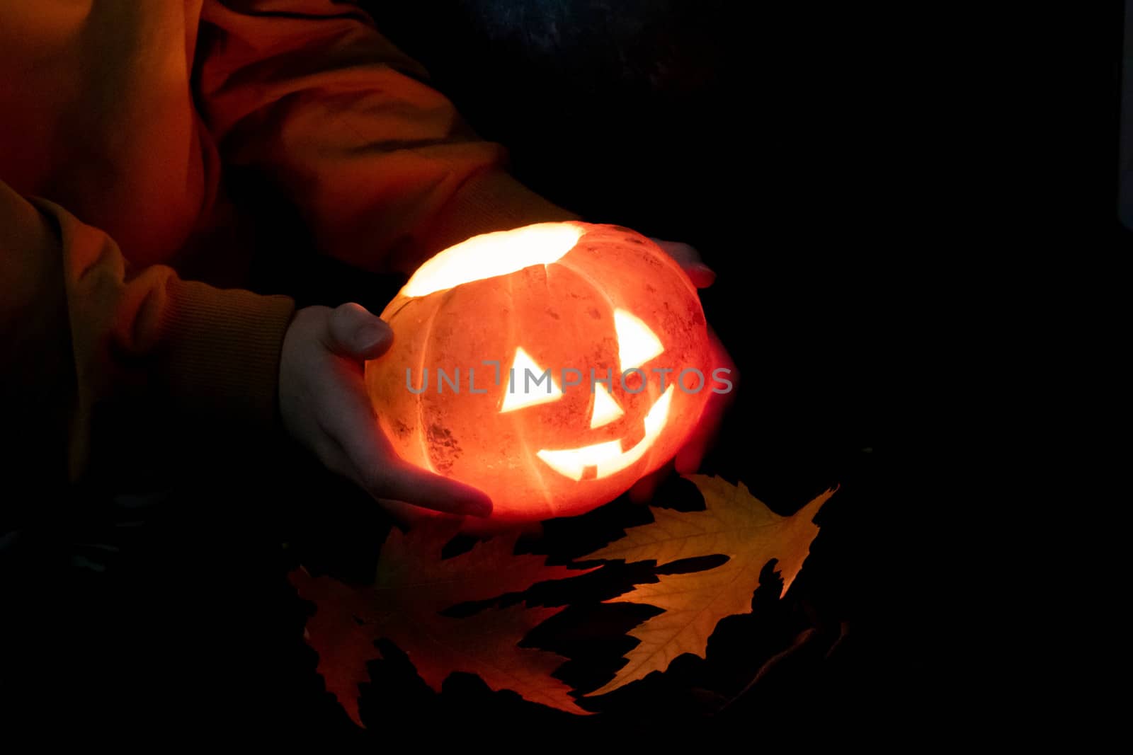 Halloween.Hands holding a pumpkin lantern with dry leaves on a black background.