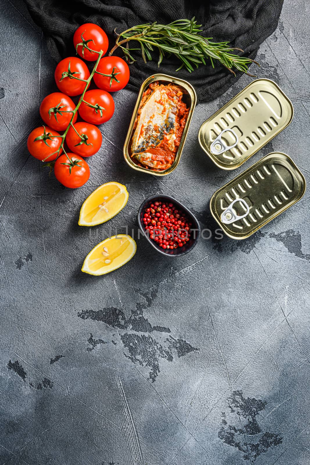 Tin can of mackerel, Scombridae opened and closed cans no label, with organic vegetables herbs and lemons top view space for text or price vertical by Ilianesolenyi