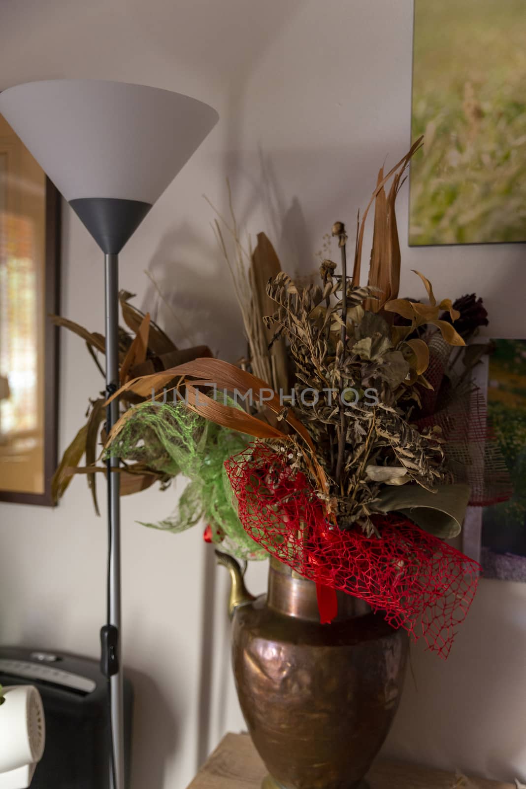 composition of dried flowers in vase with light floor lamp by carfedeph