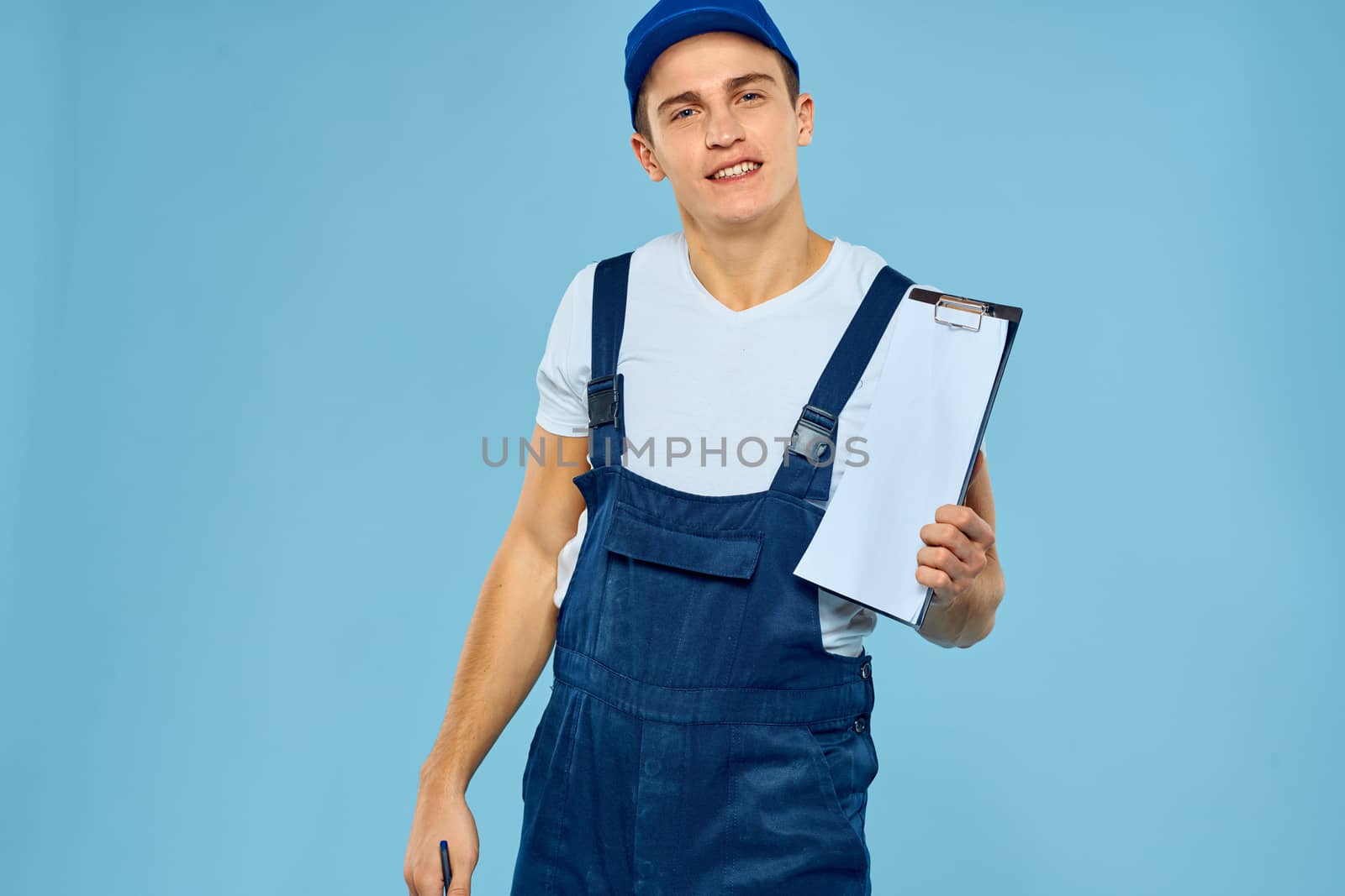 Delivery service man worker rendering service blue background. High quality photo