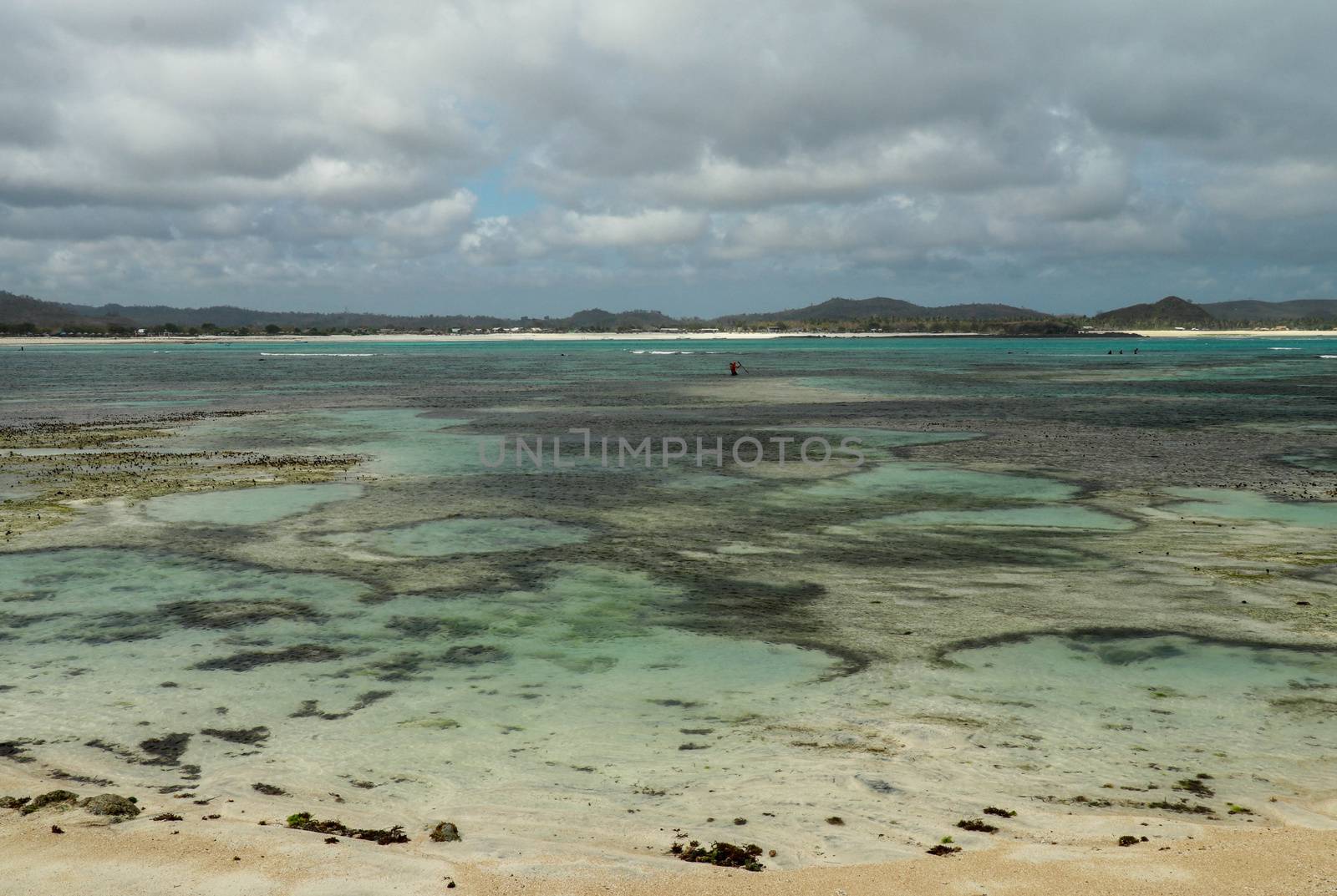 small tide pool during low tide at the ocean in Tanjung Aaan, Lombok, Indonesia. Roral reef around an island in Indian ocean during low tide, which makes amazing scenery.