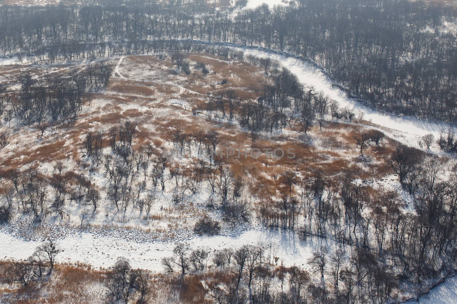 View from above. Agricultural fields in winter.