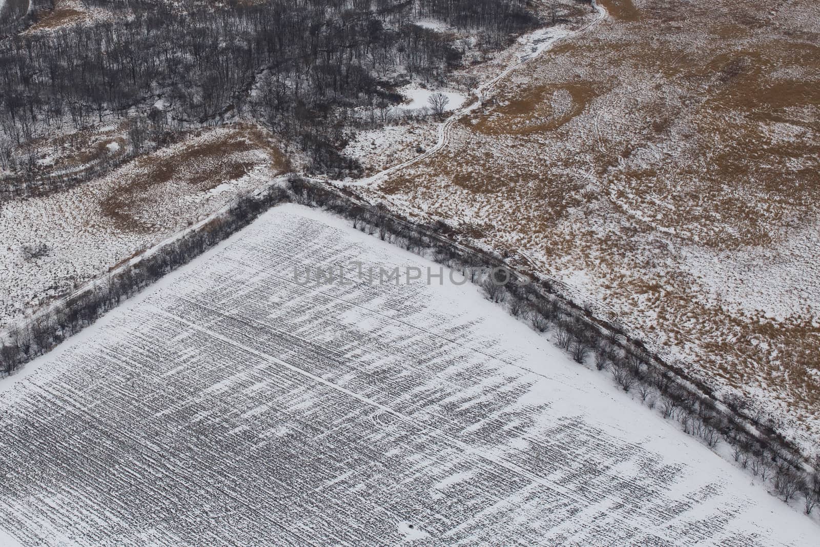 View from above. Agricultural fields in winter.