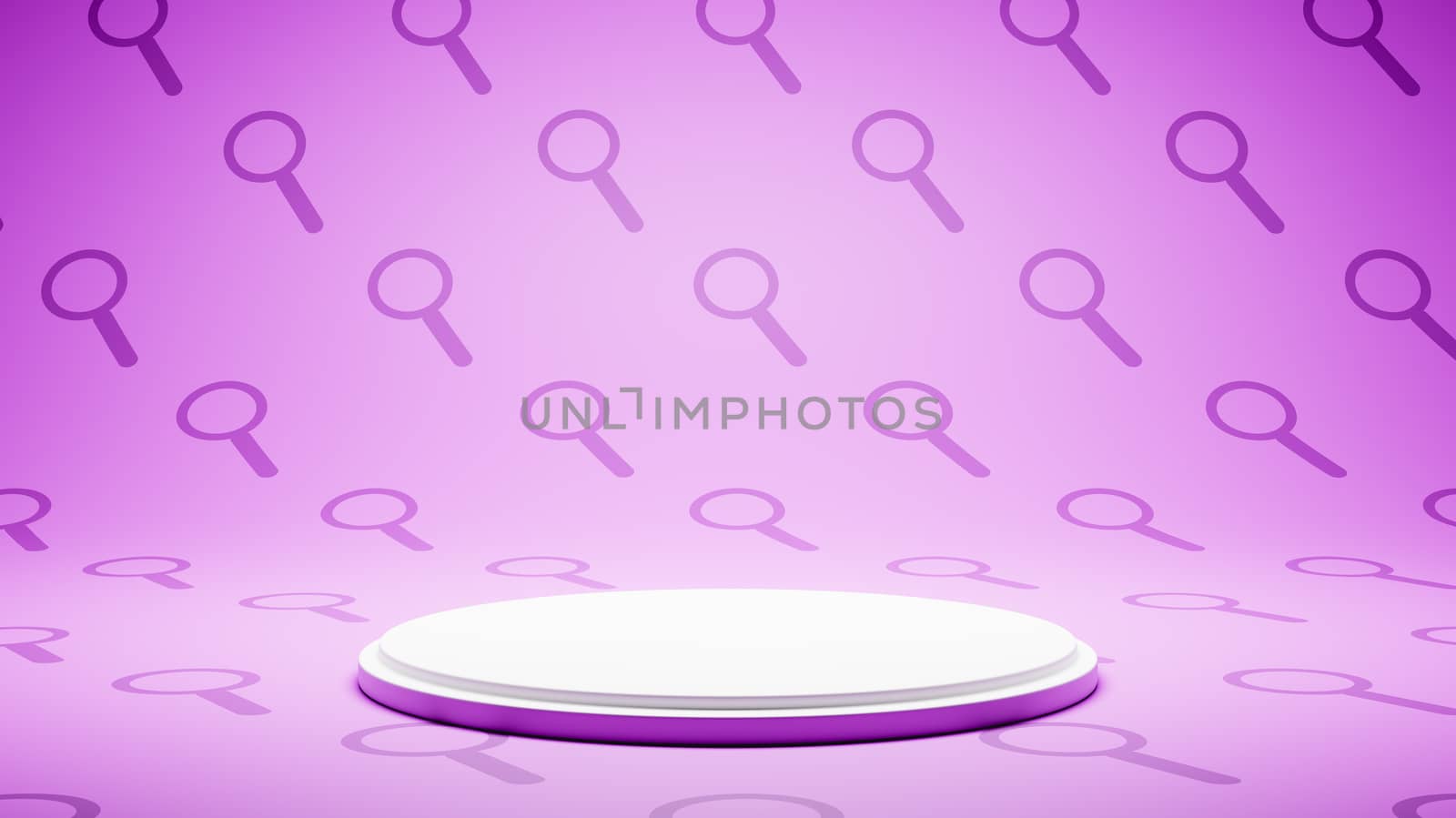 Empty White Platform on Purple Magnifier Glass Symbol Pattern Studio Background 3D Render Illustration