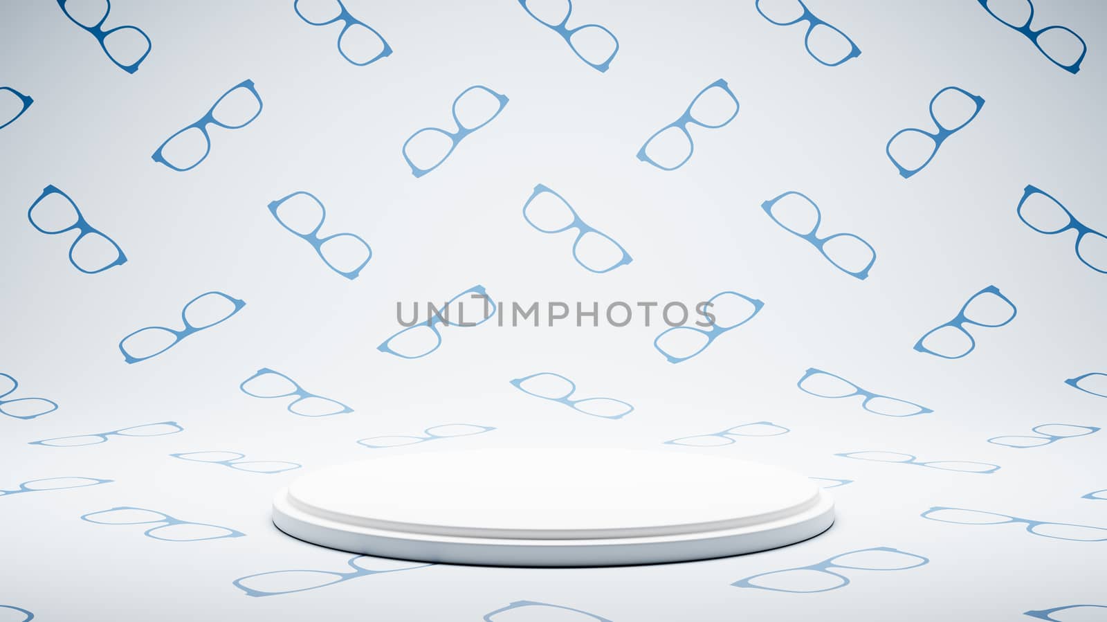 Empty White Platform on White and Blue Glasses Shape Pattern Studio Background 3D Render Illustration