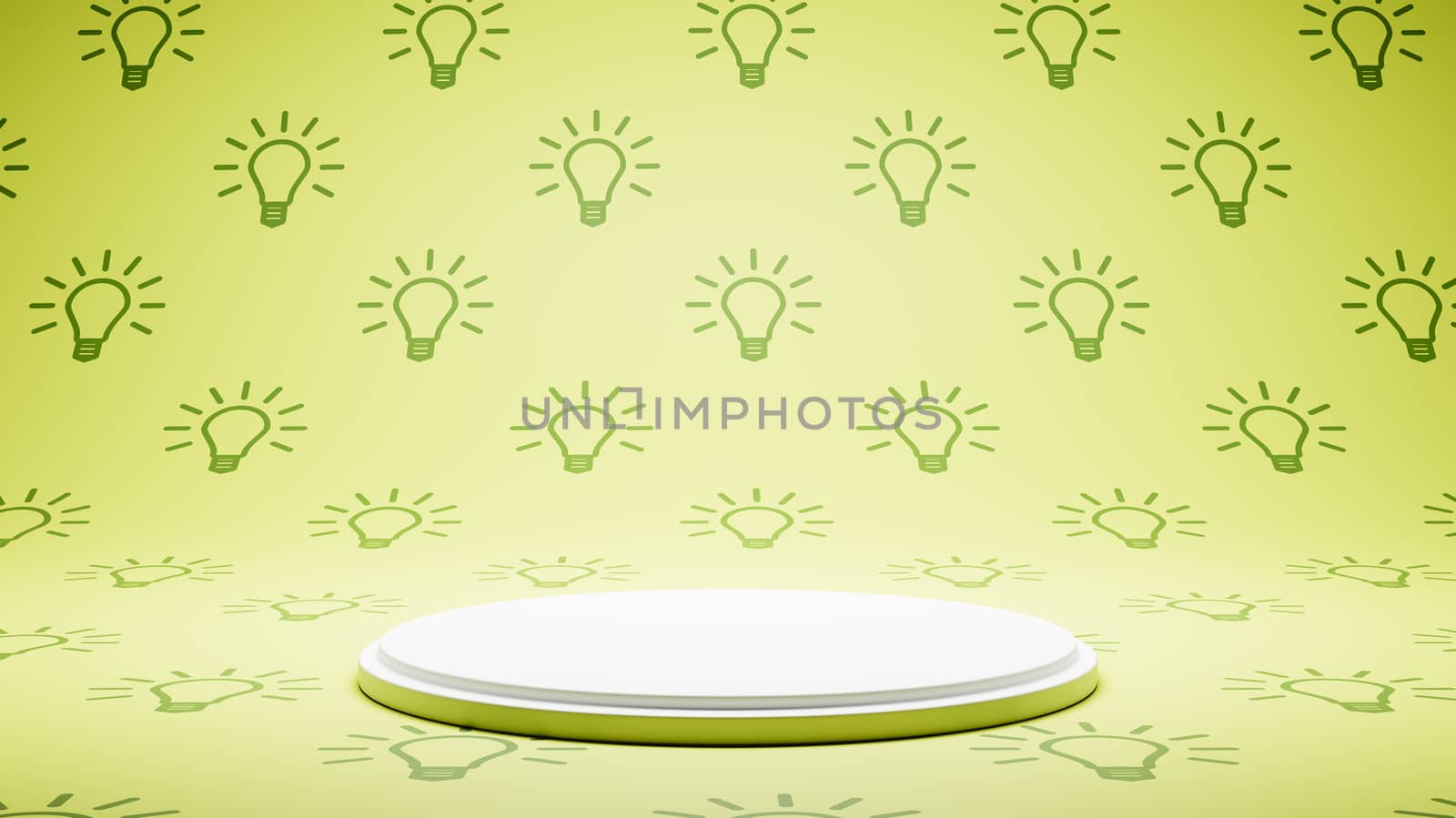 Empty White Platform on Green Light Bulb Symbol Pattern Studio Background 3D Render Illustration