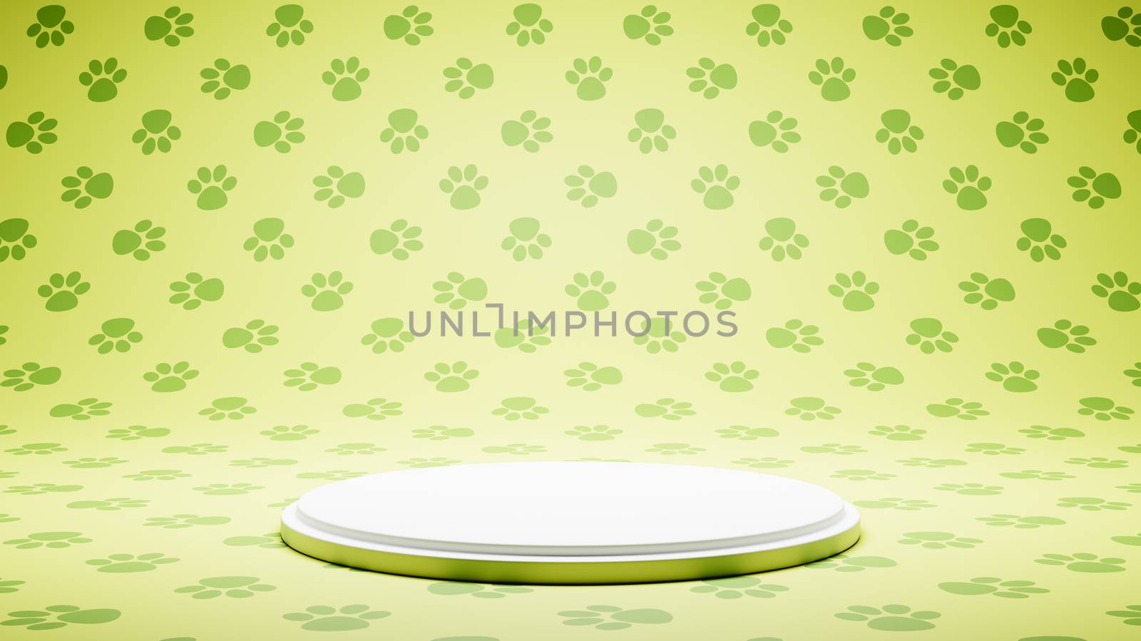 Empty White Platform on Green Pet Footprint Symbol Pattern Studio Background 3D Render Illustration