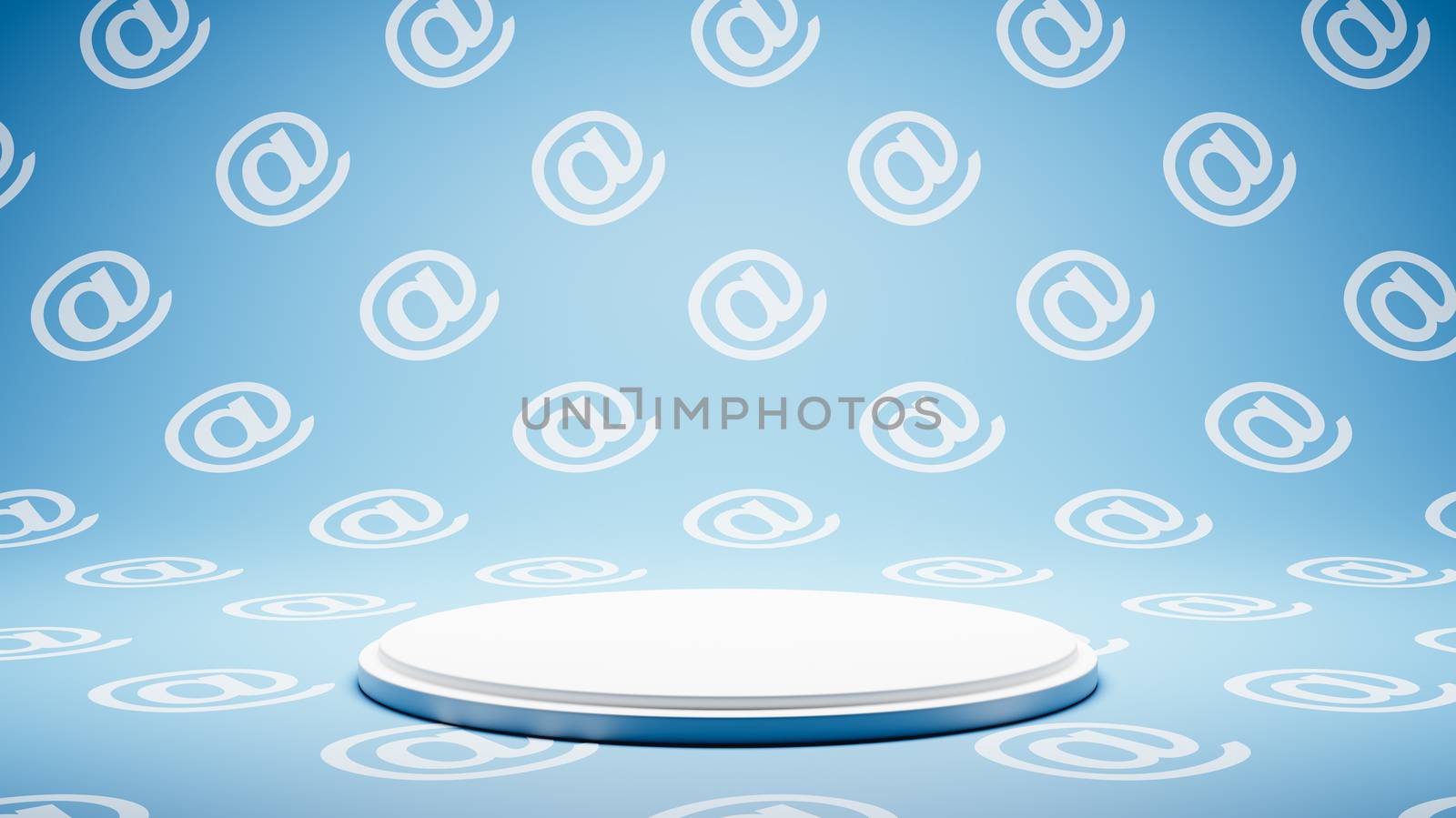 Empty White Platform on Blue and White Email Symbol Pattern Studio Background 3D Render Illustration