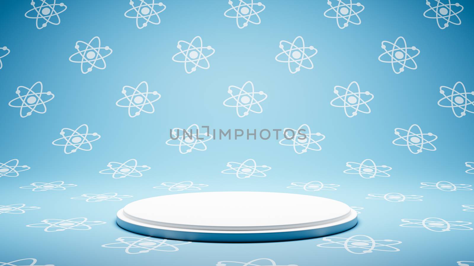 Empty White Platform on Atom Symbol Pattern Studio Background by make