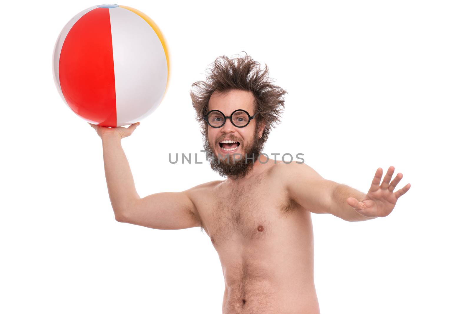Crazy bearded Man with funny Haircut in eye Glasses, ready for fun at sunny beach. Happy and silly tourist, isolated on white background. Cheerful naked man holding Sea Ball.