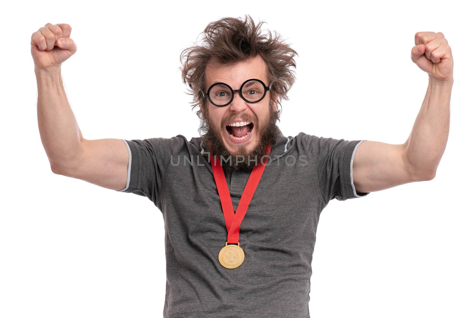 Crazy bearded man with medal by fotostok_pdv