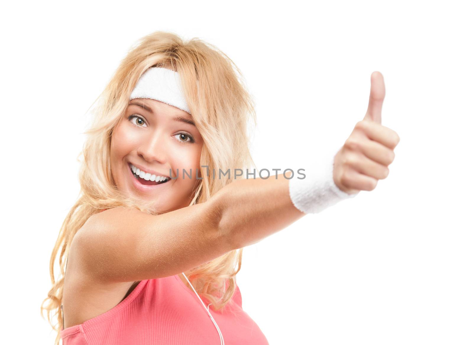 Portrait of beautiful young sporty woman isolated on white background. Happy and excited girl expressing success or victory with thumbs up sign. Healthy lifestyle and healthcare.
