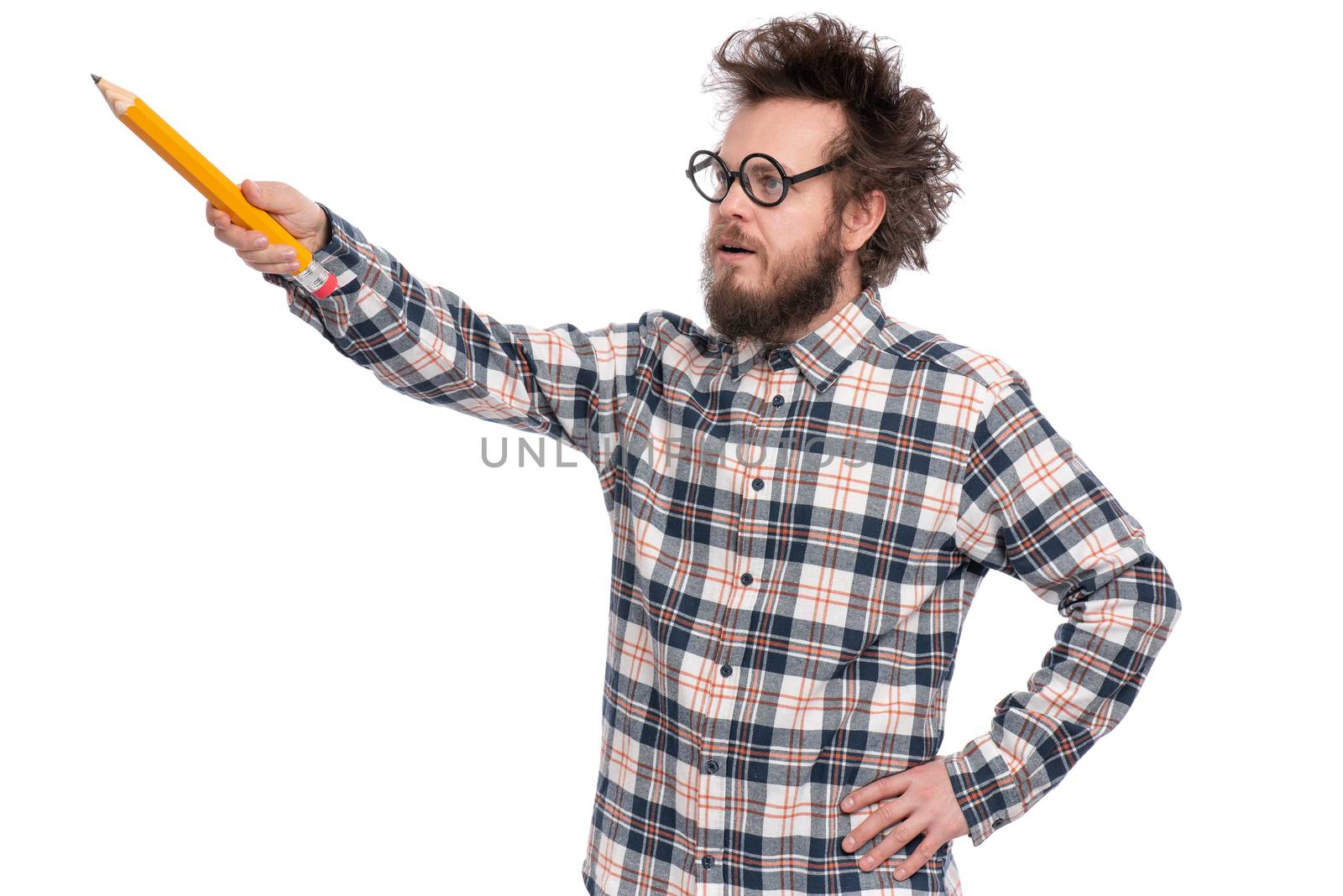 Crazy bearded Man in plaid shirt with funny Haircut in eye Glasses holding Big Pencil, isolated on white background.