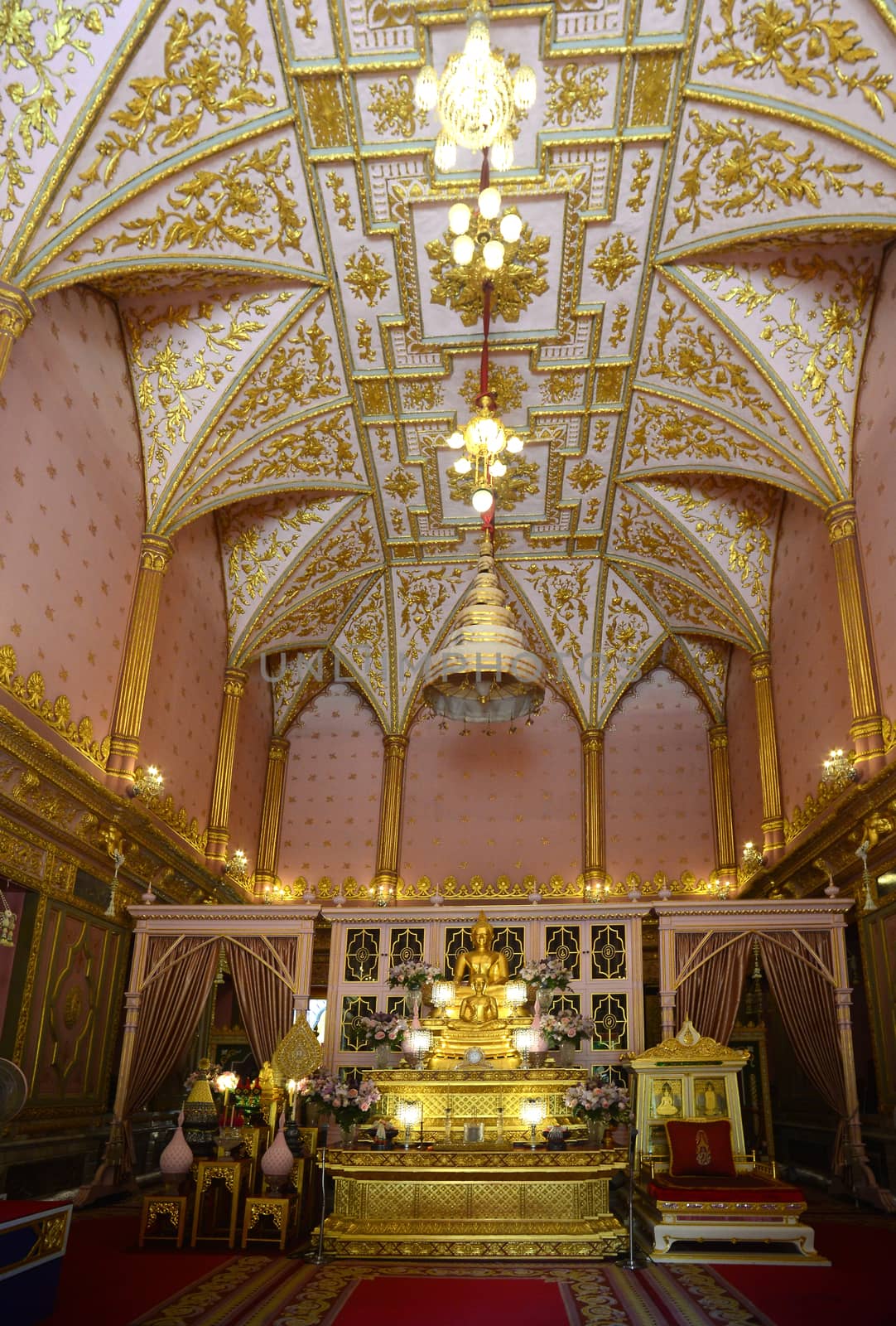 BANGKOK, THAILAND -JANUARY 30, 2020: phra Buddha pradipavarodaya and Phra Buddha Angkhiros Noi The principle Buddha scuplture in the ordination hall at Wat Ratchabophit