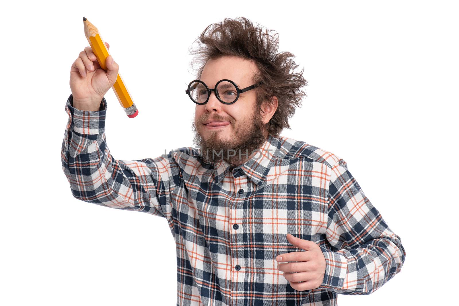 Crazy bearded Man in plaid shirt with funny Haircut in eye Glasses holding Big Pencil and writing or painting something, isolated on white background.