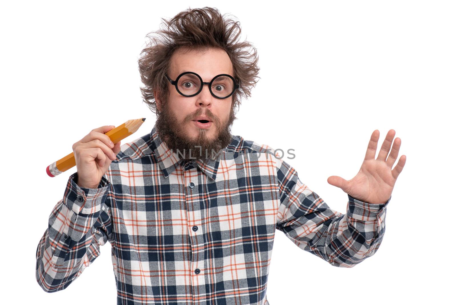 Crazy bearded man with big pencil by fotostok_pdv