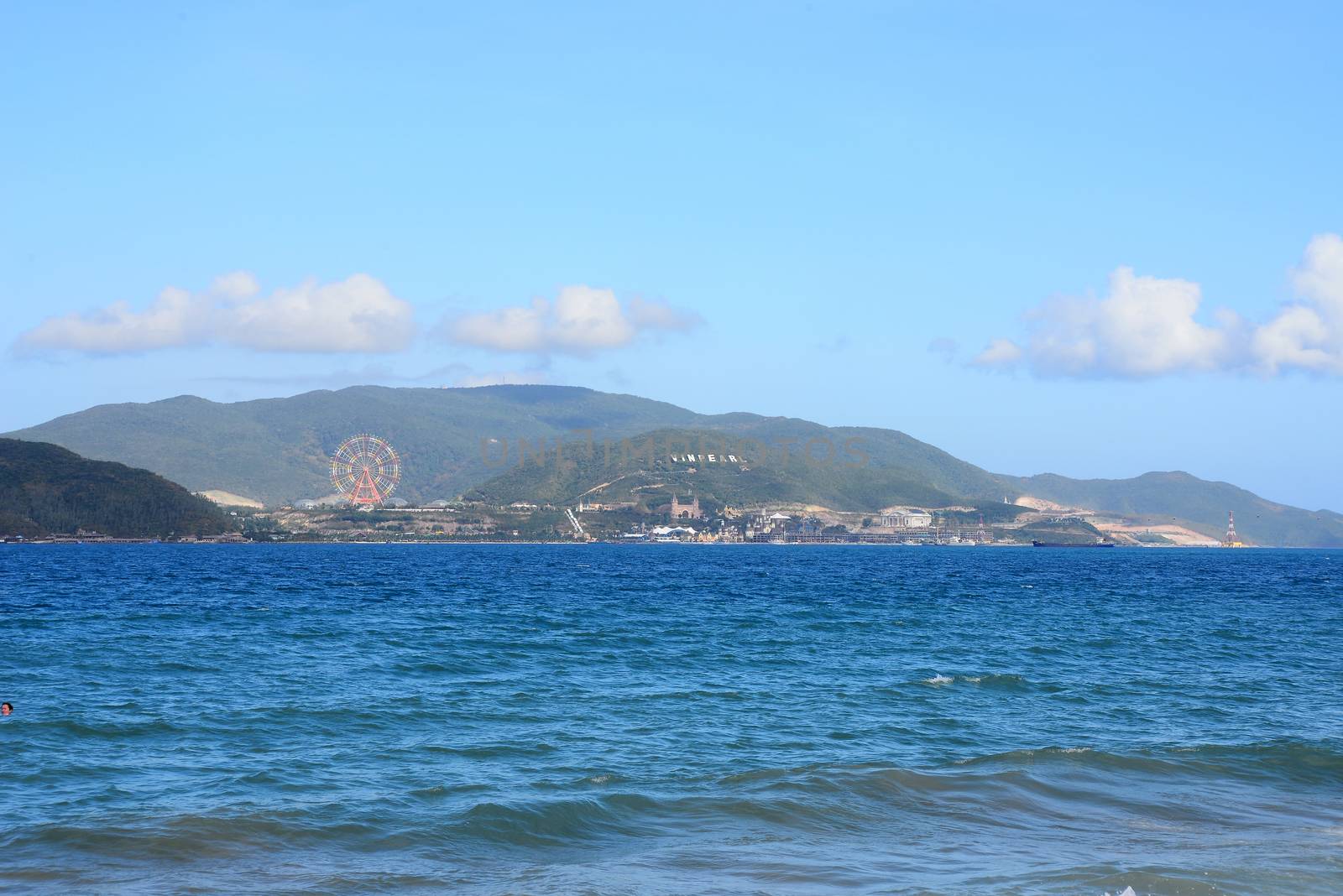 NHA TRANG, VIETNAM – 29 FEBRUARY 2020 : nha trang beach behind is an Vinpearl Land