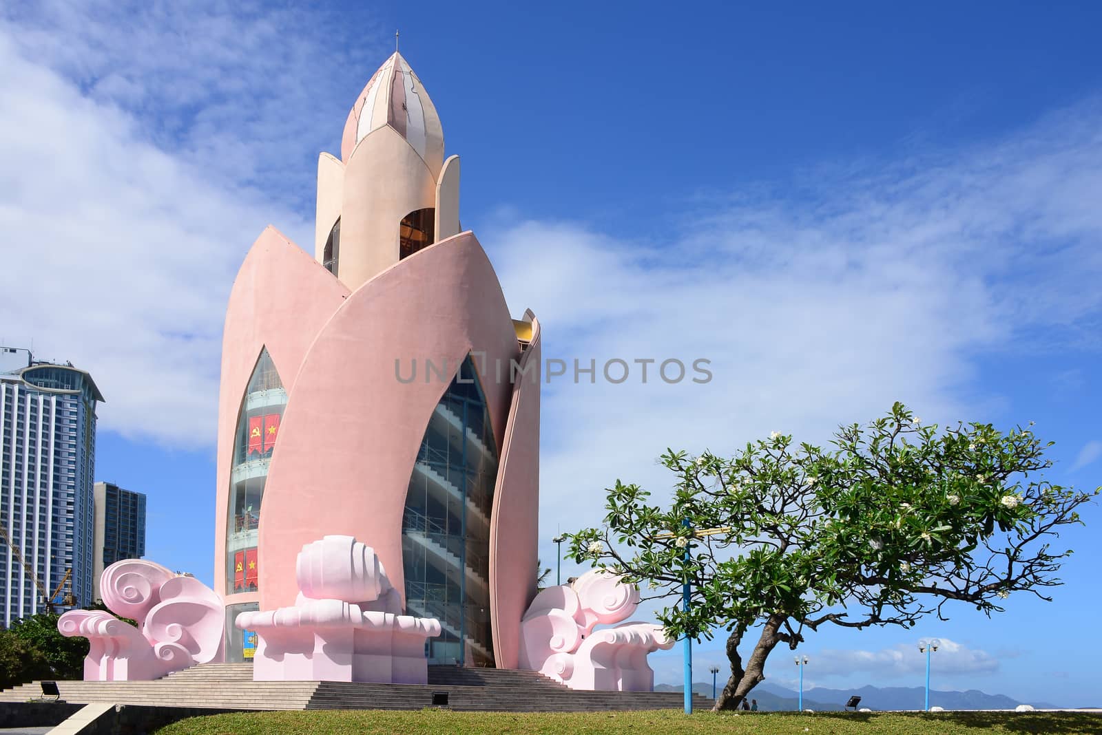 NHA TRANG, VIETNAM – 29 FEBRUARY 2020 : Tram Huong Tower, which is located in the center of the city,is considered as the symbol of Nha Trang city
