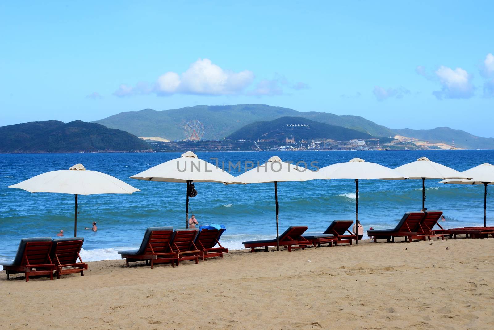 NHA TRANG, VIETNAM – 29 FEBRUARY 2020 : nha trang beach behind is an Vinpearl Land