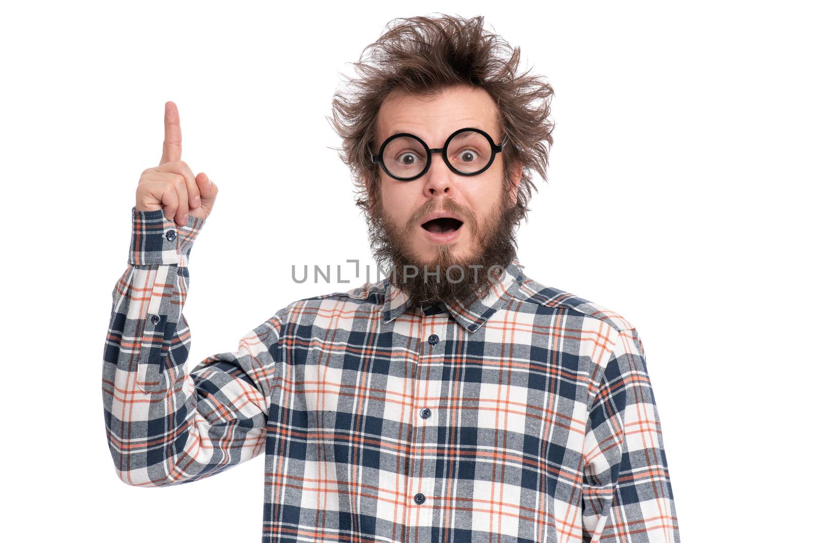 Crazy bearded Man with funny Haircut in eye Glasses, having idea and pointing finger up. Happy Surprised guy in plaid shirt isolated on white. Emotions, business, advertising and signs concept.