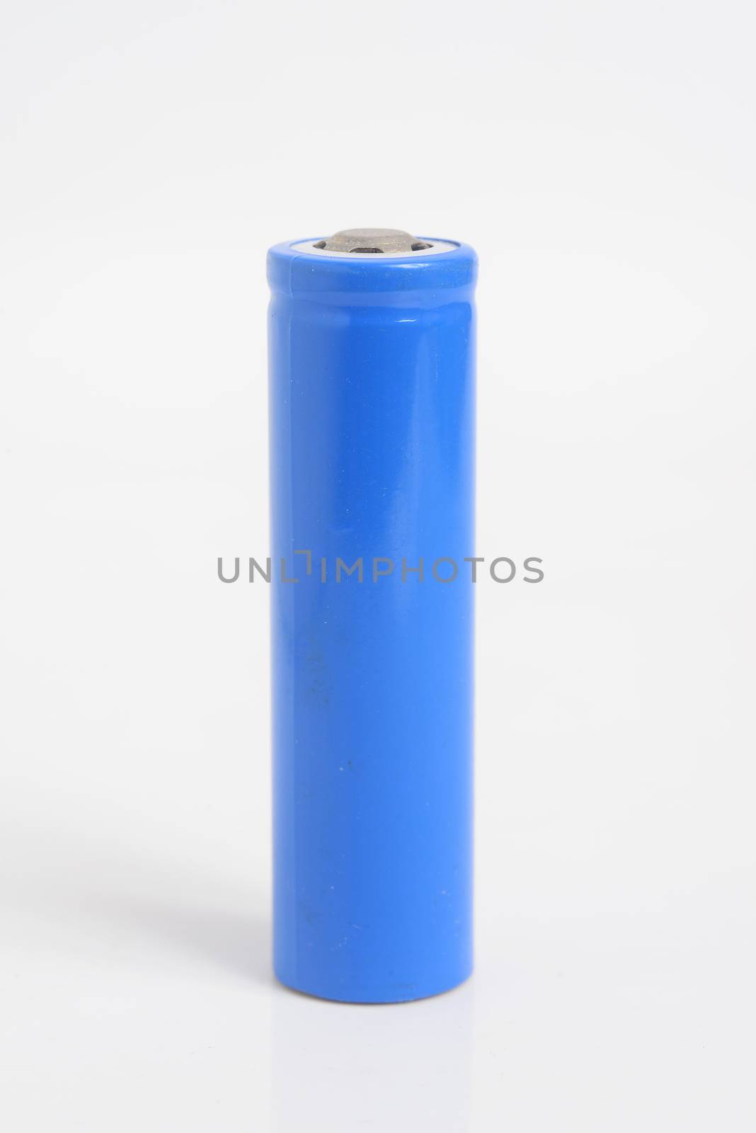 Blue 18650 Rechargeable Li-ion Battery on white background