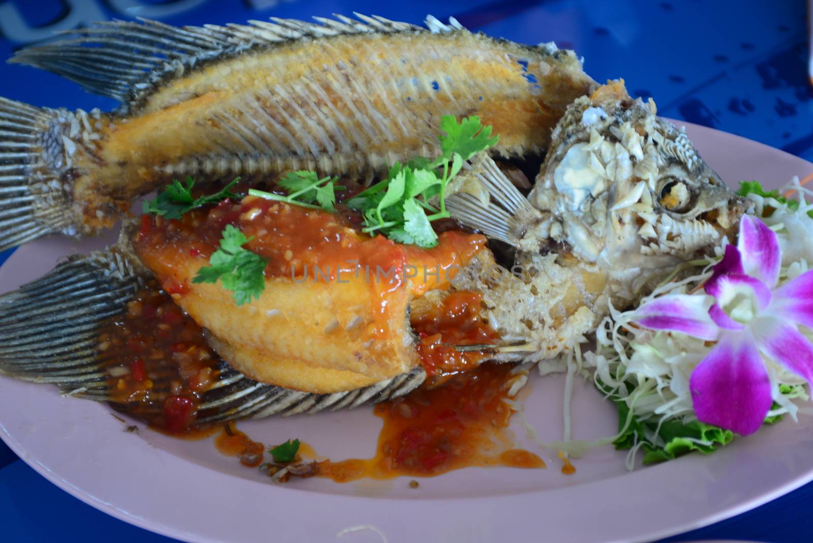 Fried fish with sweet chili sauce recipe, Thaifood, note  select focus with shallow depth of field	