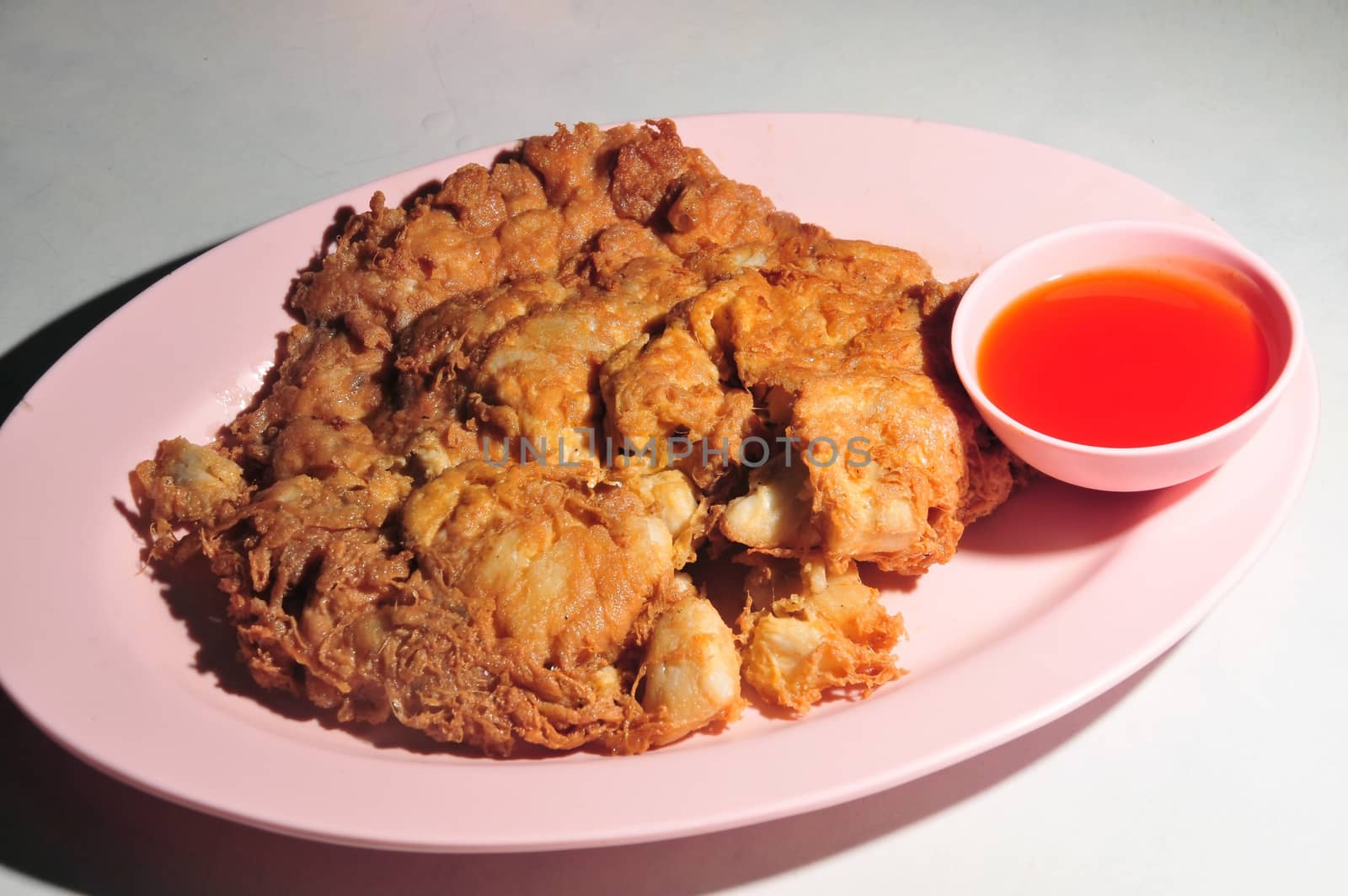 Crispy Crab Omelet  and chill sauce, dish Most popular menus in Thailand .