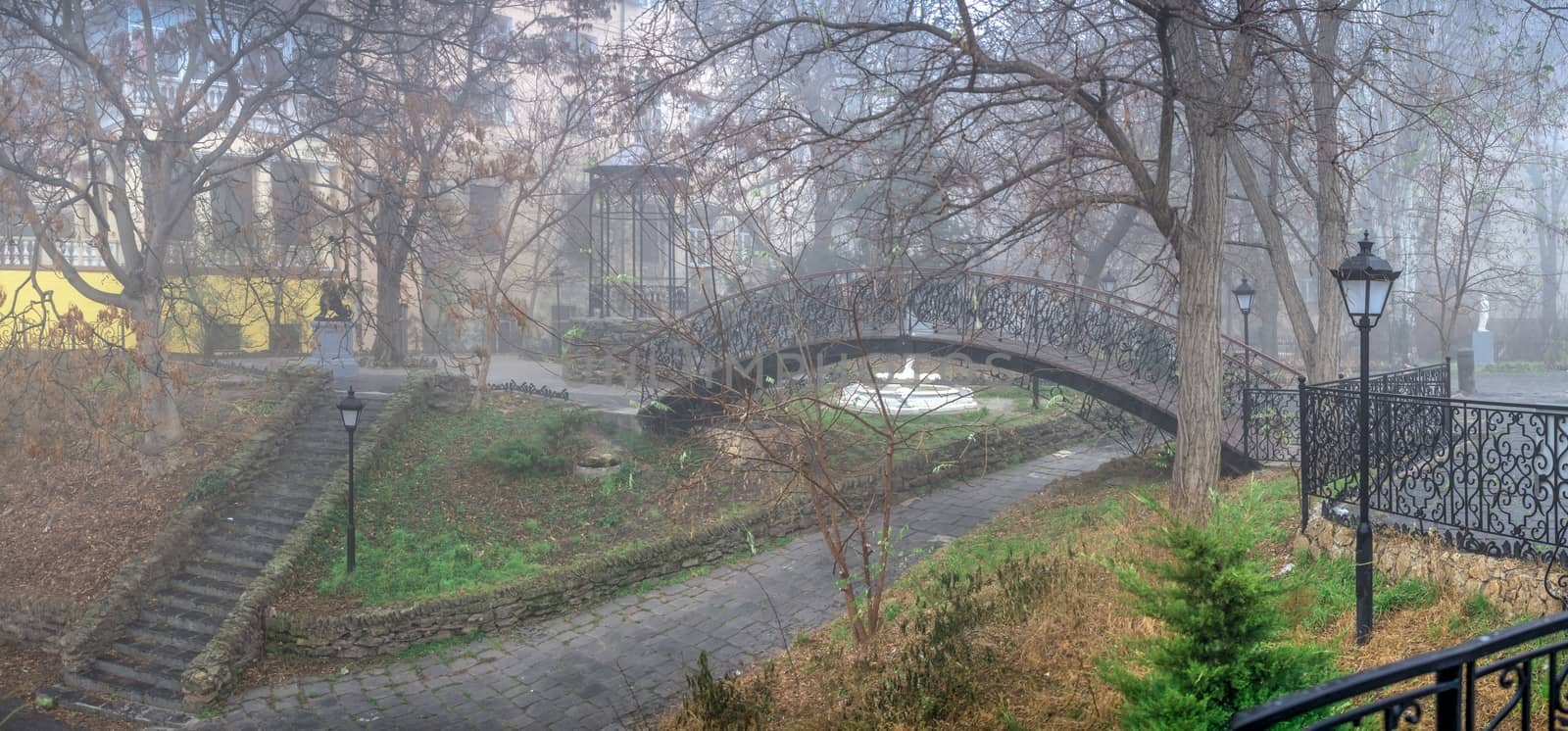 Odessa, Ukraine 11.28.2019.   Old town corner in Odessa, Ukraine, on a foggy autumn day