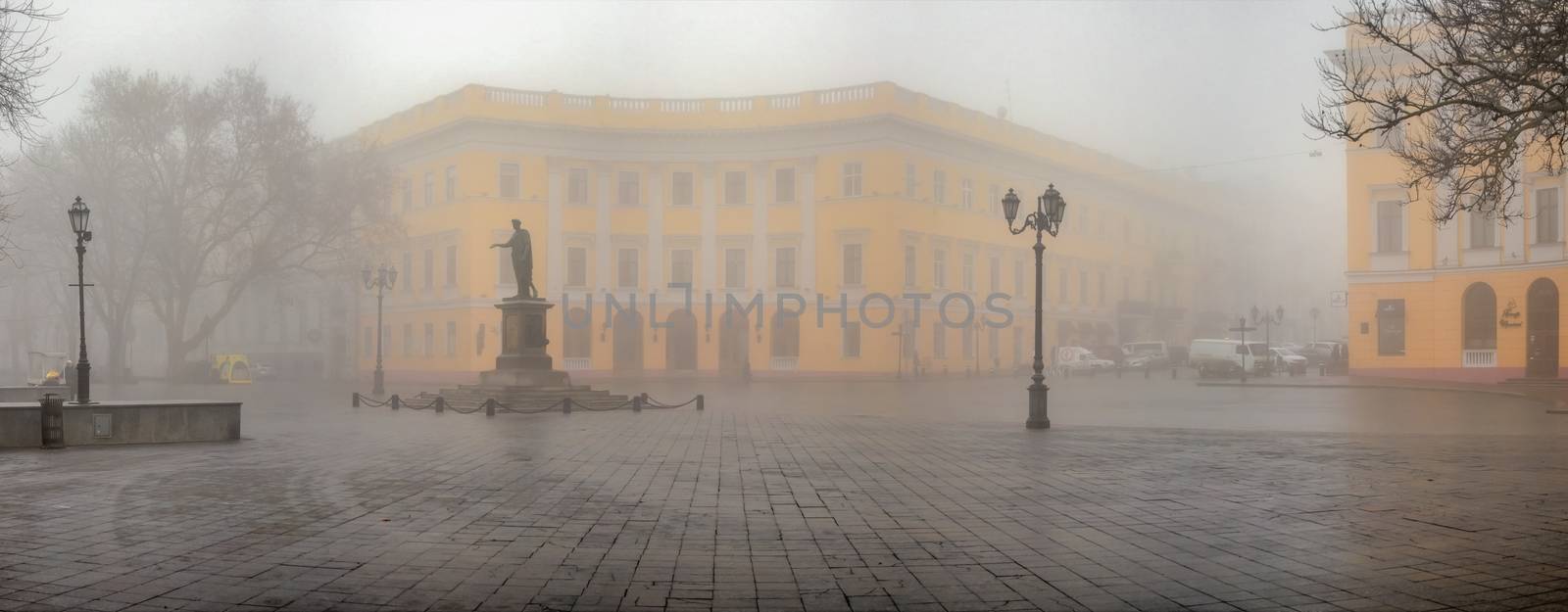 Odessa, Ukraine 11.28.2019.   Primorsky Boulevard in Odessa, Ukraine, on a foggy autumn day