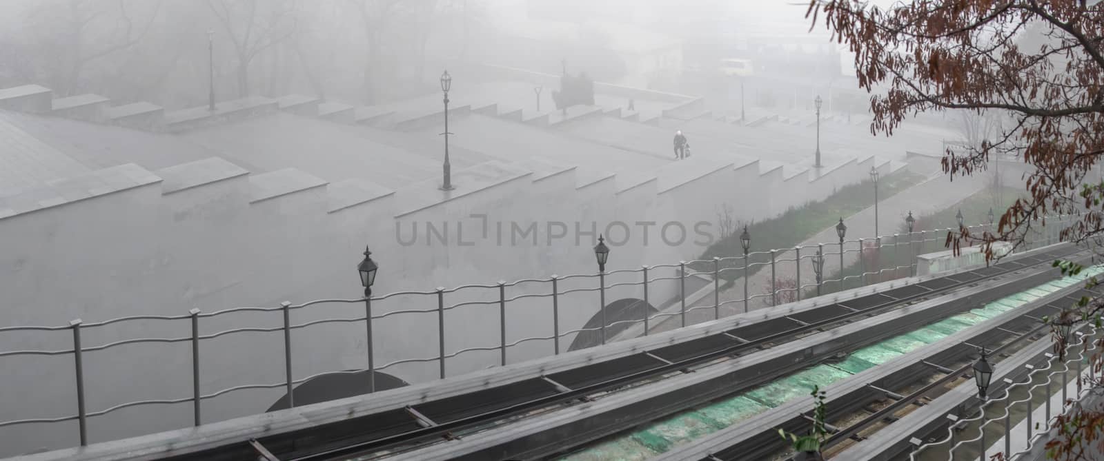 Odessa, Ukraine 11.28.2019.   The Potemkin Stairs on Primorsky Boulevard in Odessa, Ukraine, on a foggy autumn day