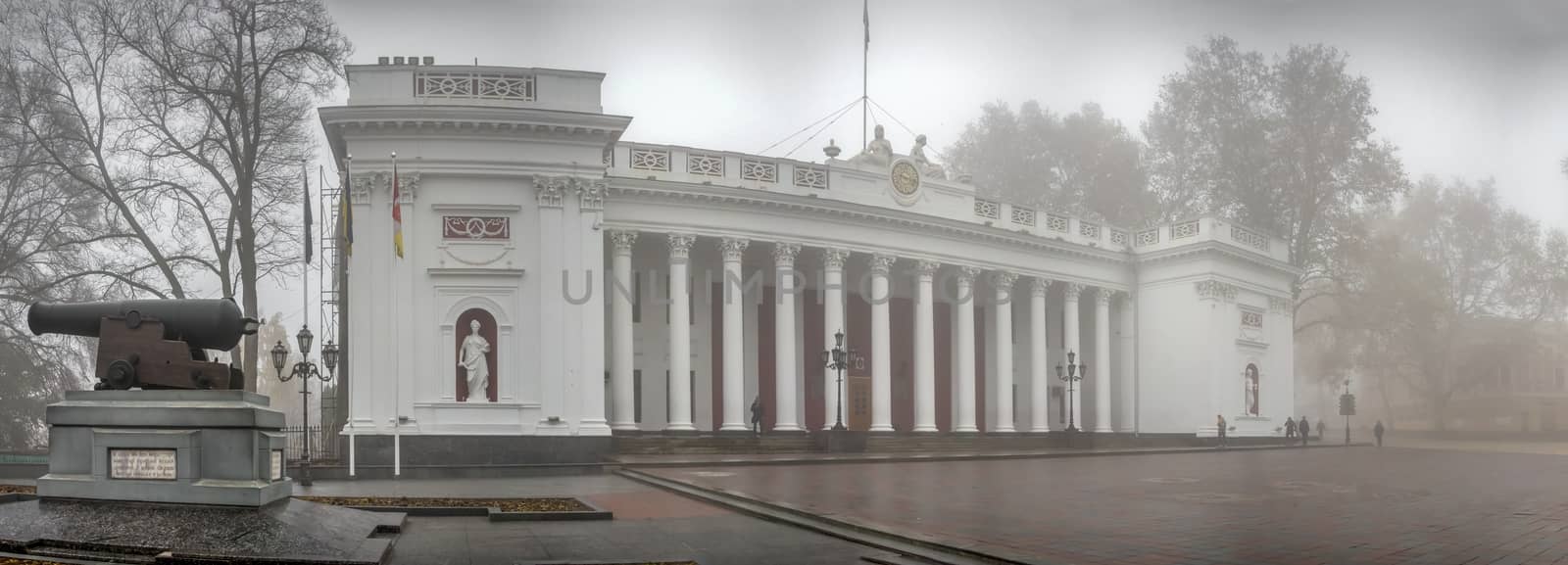 Odessa, Ukraine 11.28.2019.  City hall municipality building on Primorsky Boulevard in Odessa, Ukraine, on a foggy autumn day