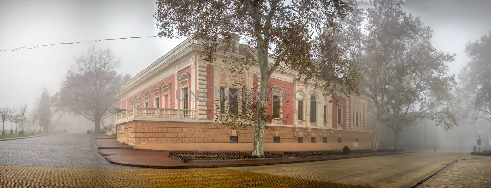 Odessa, Ukraine 11.28.2019.  Maritime Museum on Primorsky Boulevard in Odessa, Ukraine, on a foggy autumn day