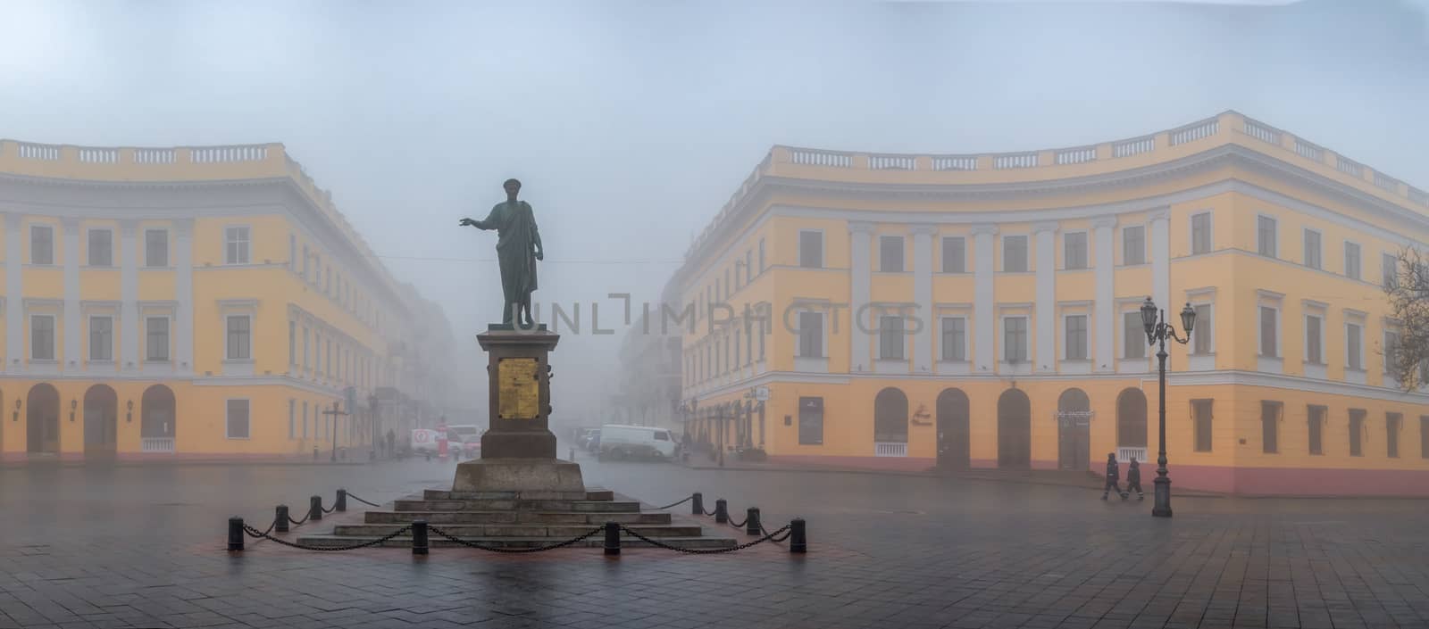 Odessa, Ukraine 11.28.2019.  Monument to Duke Richelieu in Odessa, Ukraine, on a foggy autumn day