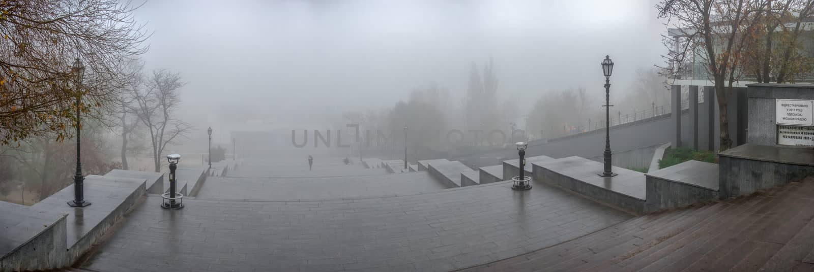 Odessa, Ukraine 11.28.2019.   The Potemkin Stairs on Primorsky Boulevard in Odessa, Ukraine, on a foggy autumn day