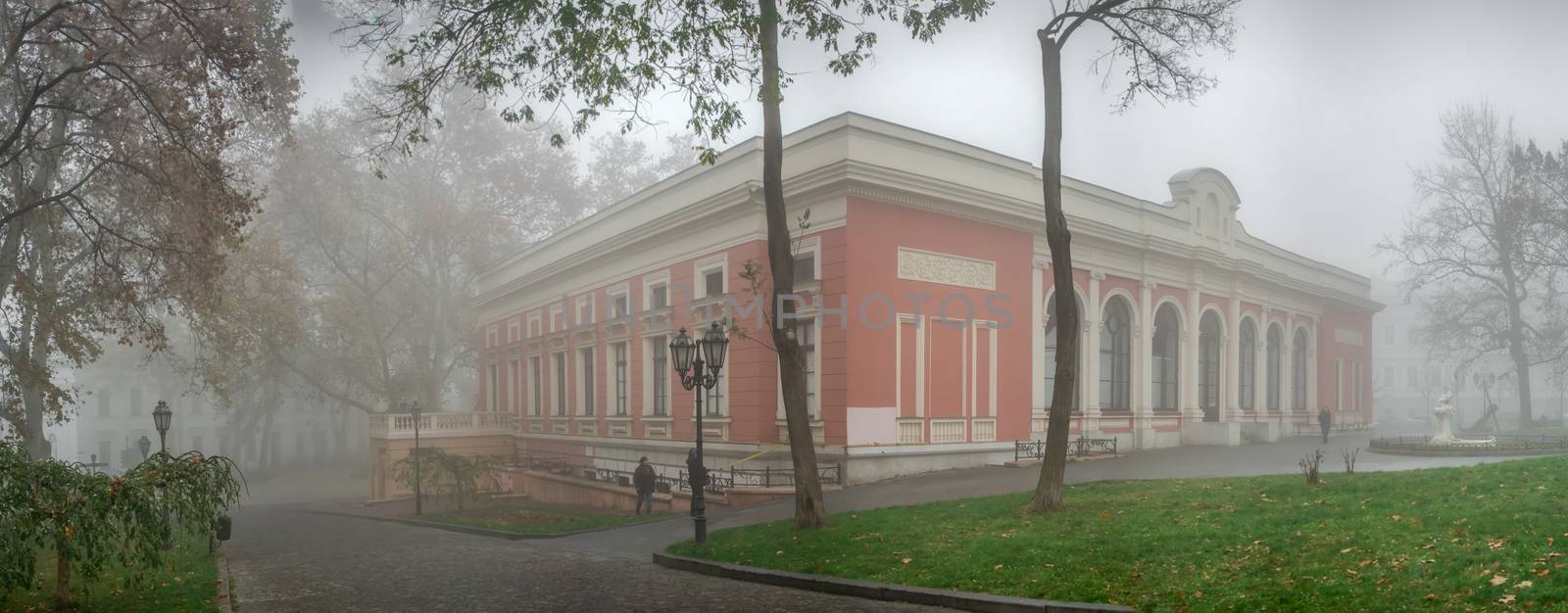 Odessa, Ukraine 11.28.2019.  Maritime Museum on Primorsky Boulevard in Odessa, Ukraine, on a foggy autumn day