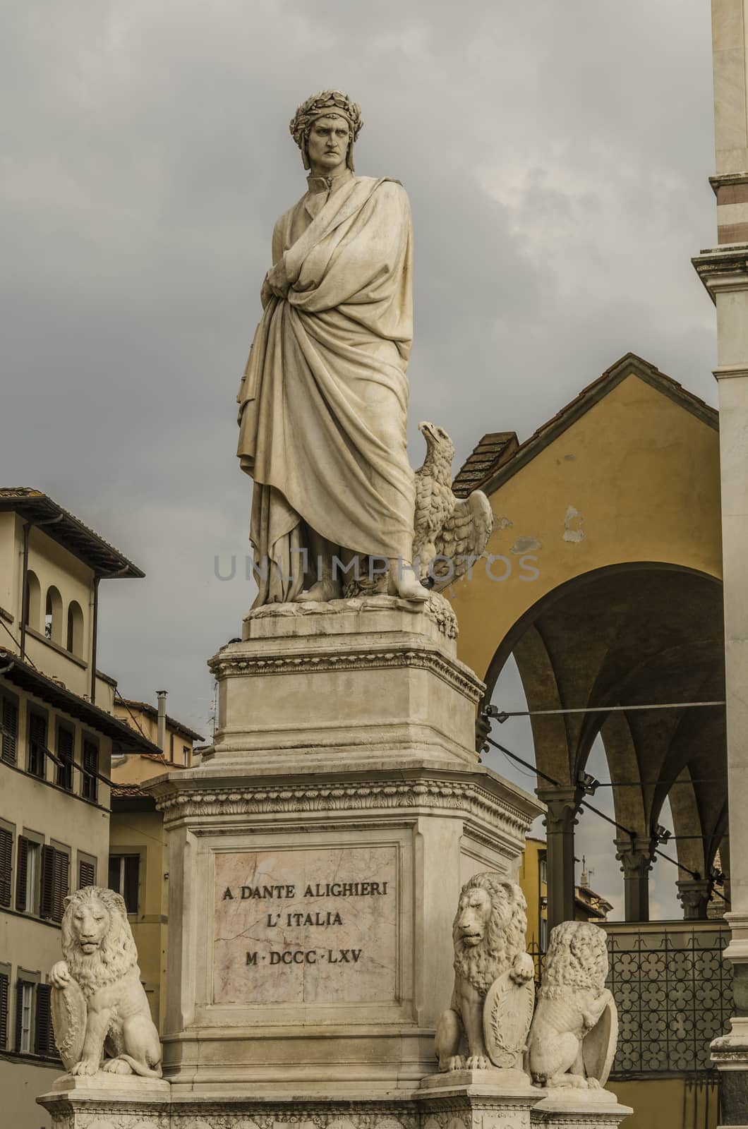 Close-up of the statue of Dante Alighieri which is adjacent to the cathedral of Florence where his remains rest