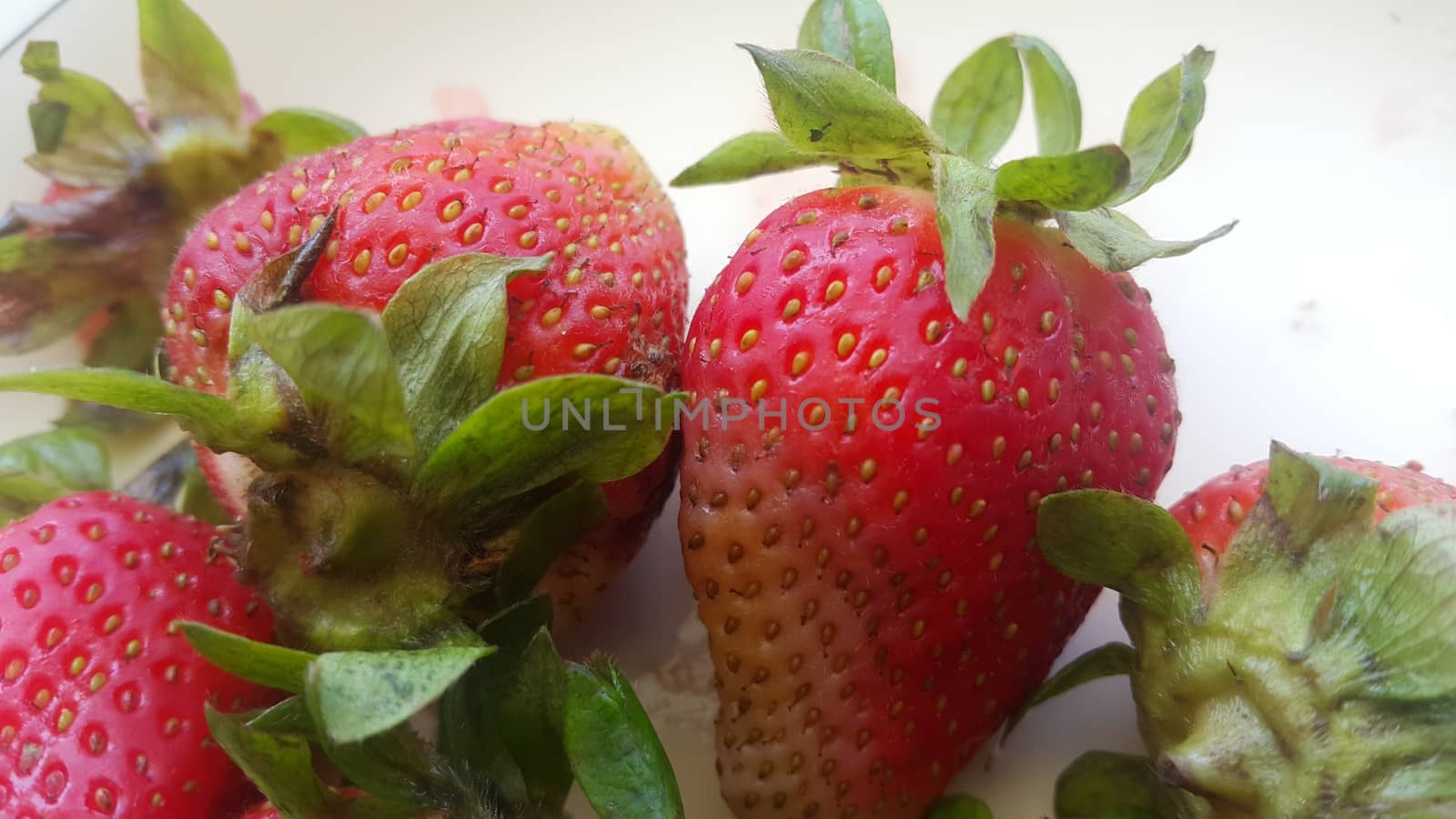 Top view with selective focus of sweet fresh strawberries with green leaves in plate on rustic white background.