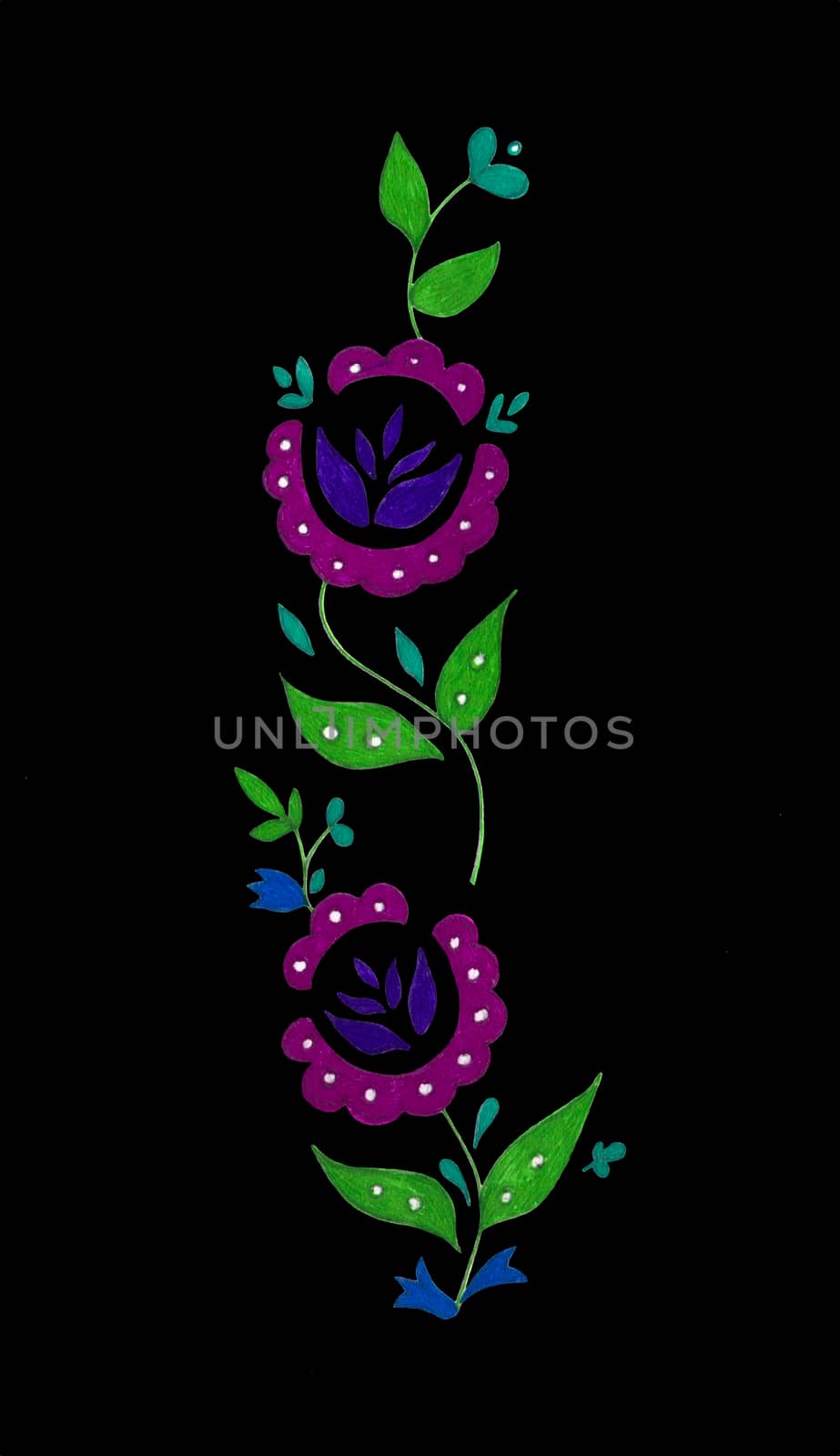 Decorative composition of abstract doodle flowers and leaves. Floral motif illustration. Design element. Hand drawn vertical ornament isolated on black background
