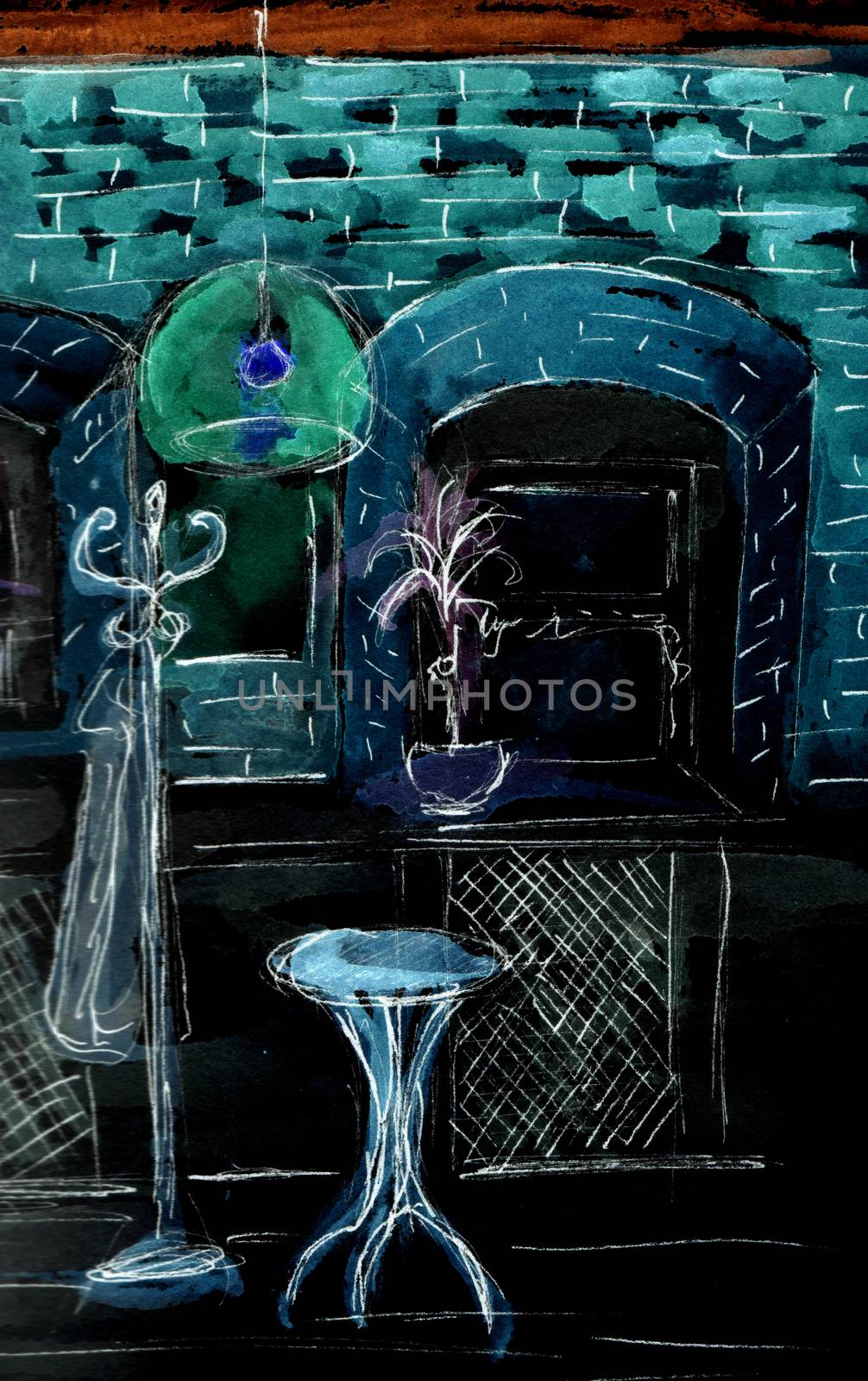 Sketch of Cafe interior. Hand drawn illustration. Dark colours. by sshisshka