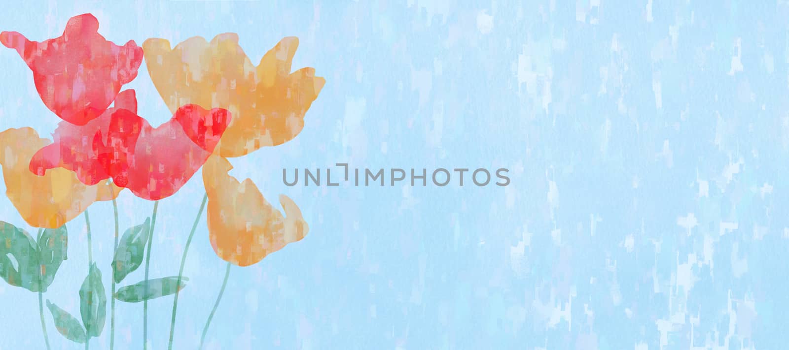 Digital painting of red poppies on blue background