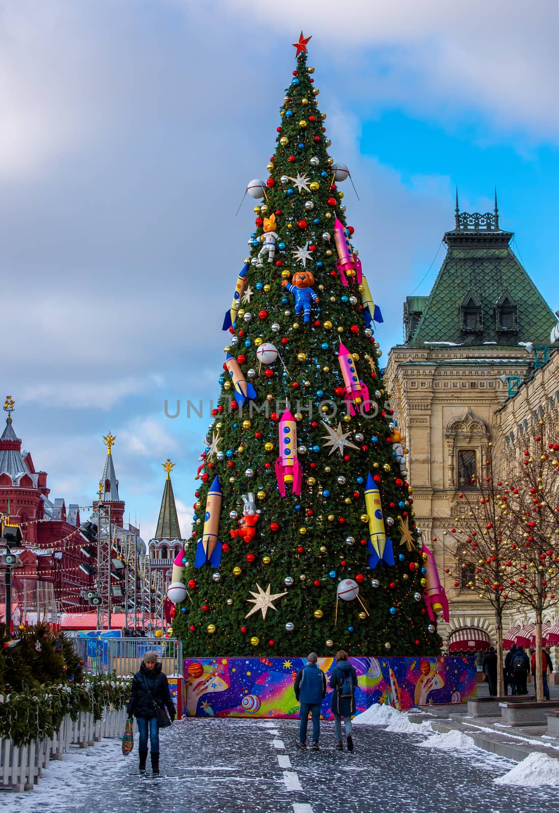 February 5, 2020 Moscow, Russia, New Year tree on Red Square in Moscow on a clear frosty day.
