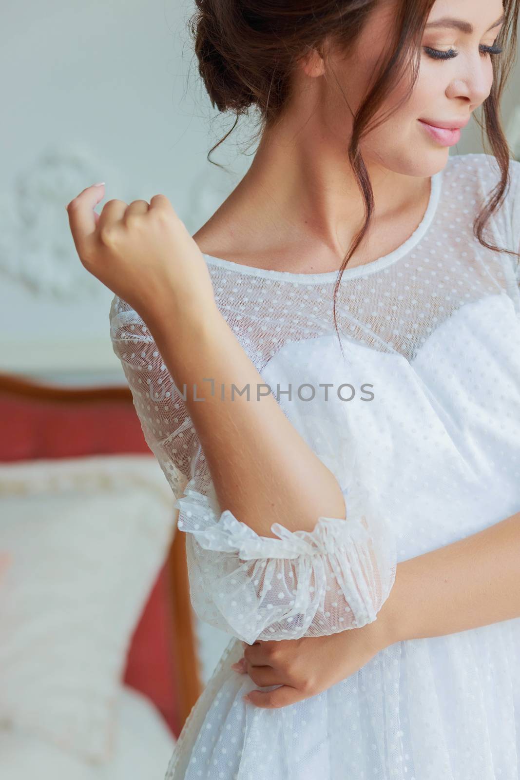 Close-up cropped portrait of Bride in white wedding dress by galinasharapova